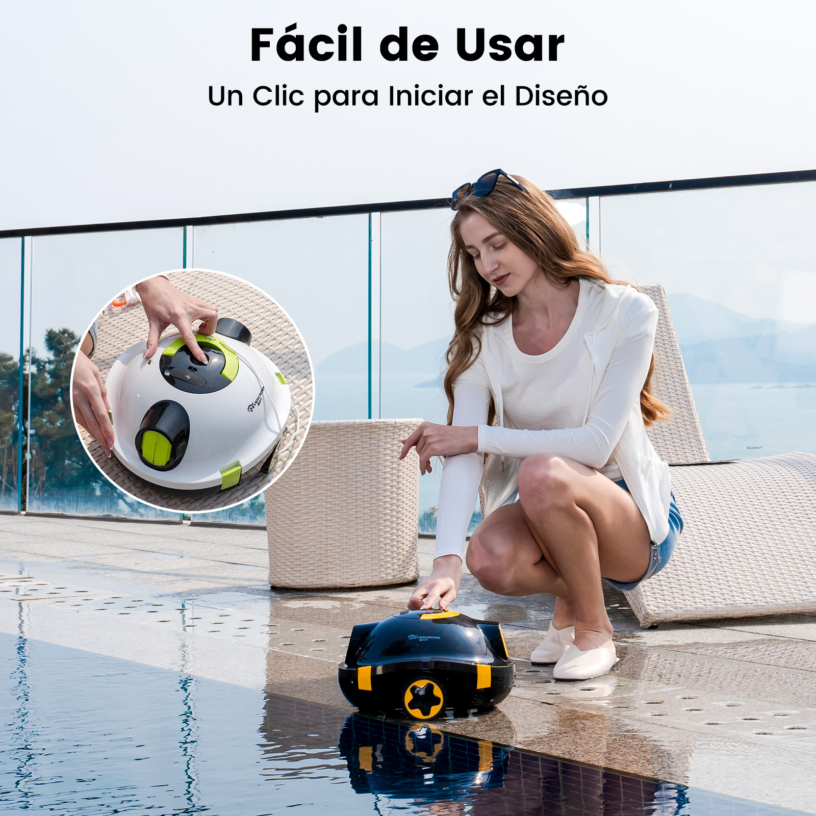 Una mujer usa un limpiador de piscina robótico, con el texto 'Fácil de usar'.