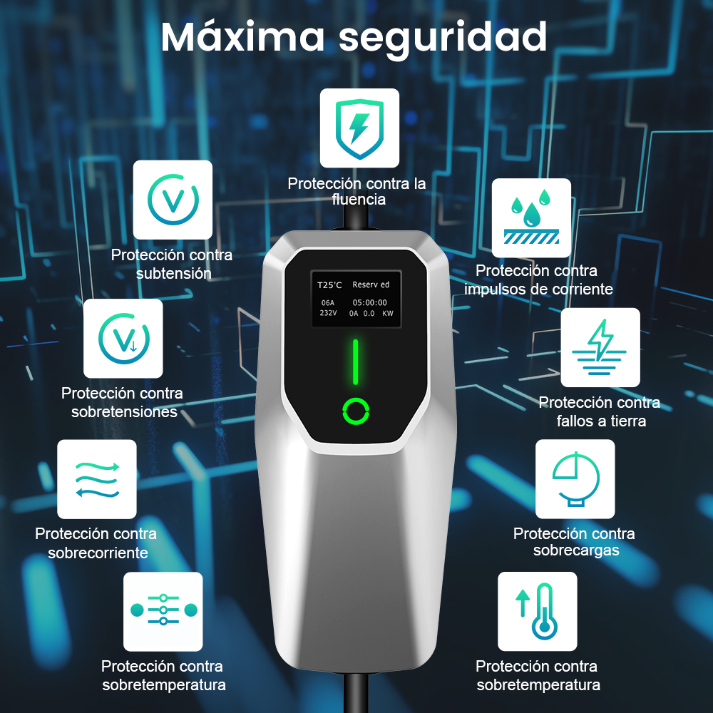 Un dispositivo de carga eléctrica con múltiples iconos de seguridad y una pantalla digital. Sobre un fondo azul.