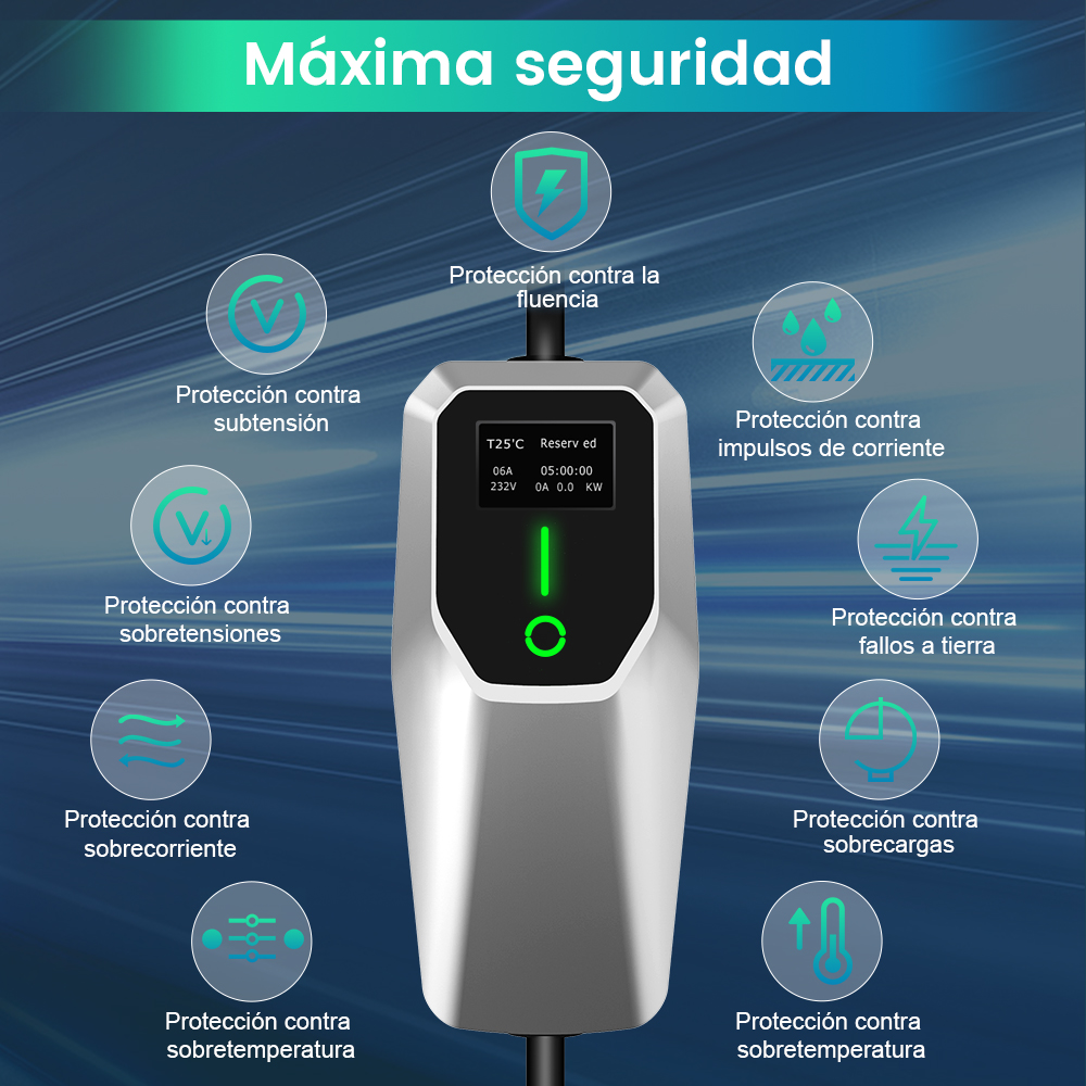 Cargador EV plateado con texto e iconos que indican características de seguridad y una luz verde.