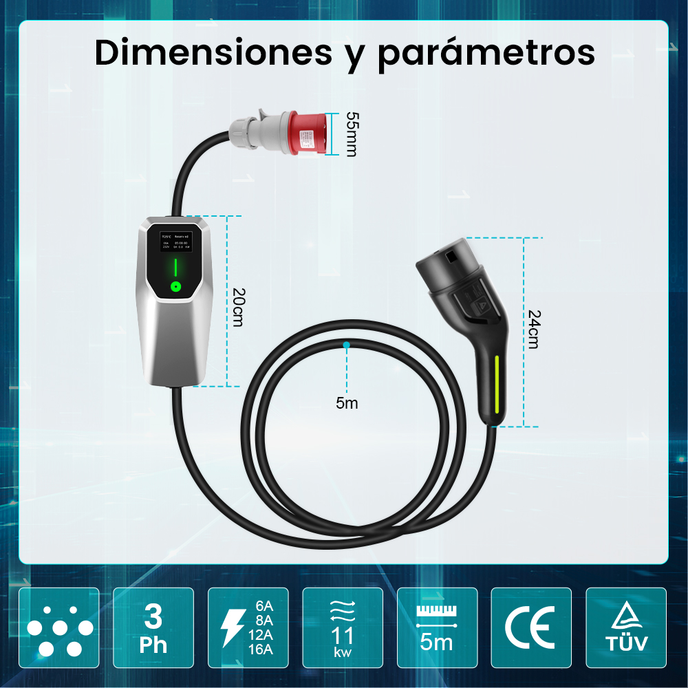 Un cargador de vehículos eléctricos con dimensiones y parámetros mostrados. Incluye conector, cable e indicador.