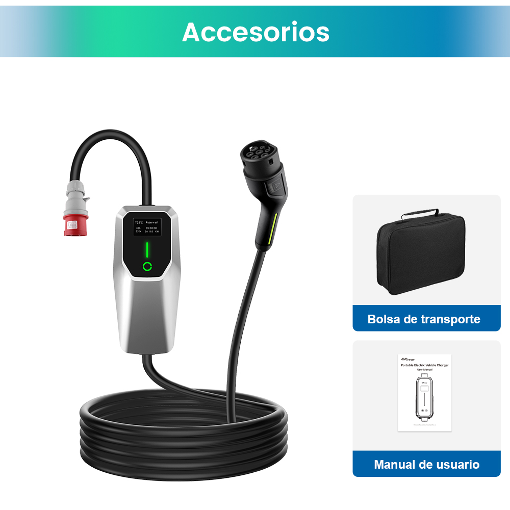 Un cargador, cable y una bolsa con manual de usuario. El cargador tiene una pantalla y una luz verde.
