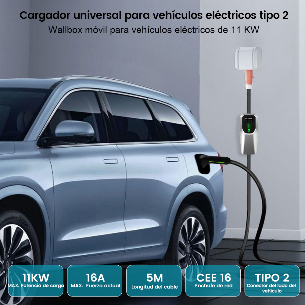 Un coche eléctrico cargando en una estación con coche azul y cable de carga negro.