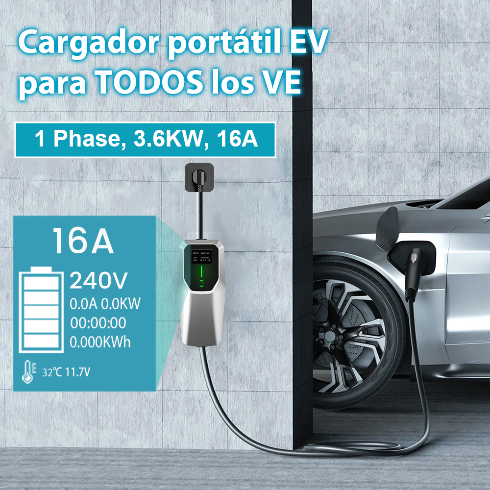 Un cargador de vehículos eléctricos está enchufado a un automóvil. El texto dice 'Cargador EV portátil' y especificaciones técnicas.