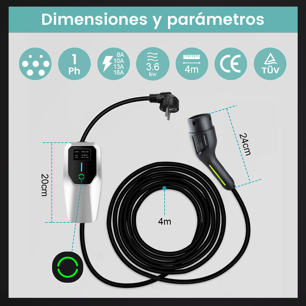Un cargador de vehículo eléctrico que muestra dimensiones y parámetros. El cargador es blanco y negro.