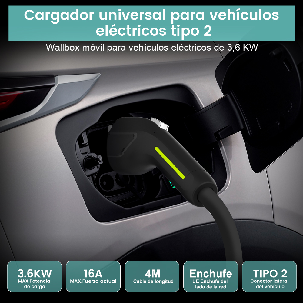 Cargador EV negro enchufado a un coche. El texto indica 3.6KW, 16A, 4M y conector Tipo 2.
