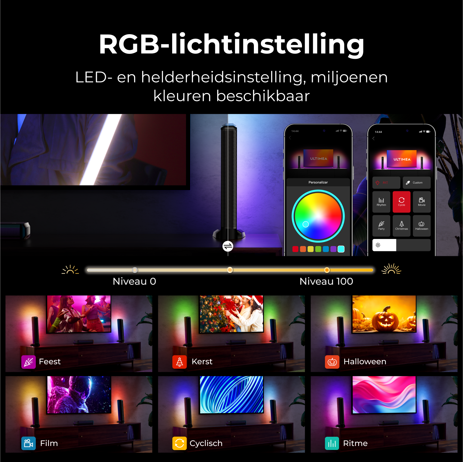 Plusieurs écrans montrant une barre lumineuse avec différents réglages de couleur contrôlés par une application téléphonique.
