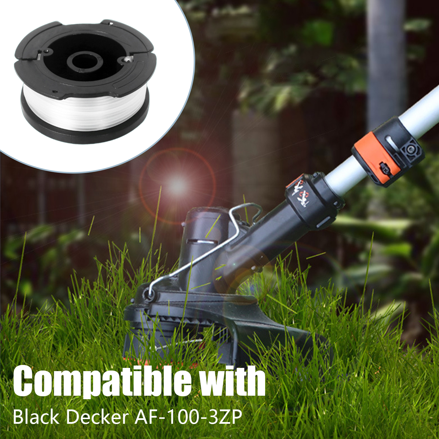 Grasschneider mit einer Spule weißer Trimmerschnur und Text: Kompatibel mit Black Decker AF-100-3ZP.