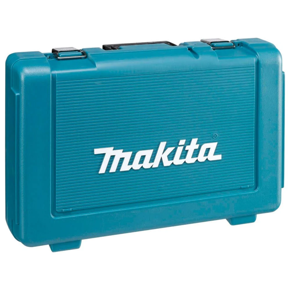 Una valigetta per attrezzi Makita color turchese con maniglia e chiusure. Il logo Makita è ben visibile sul davanti.