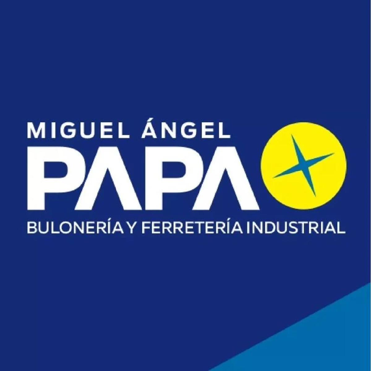 Un logo blu e bianco con il testo "MIGUEL ÁNGEL PAPA" e una stella gialla.