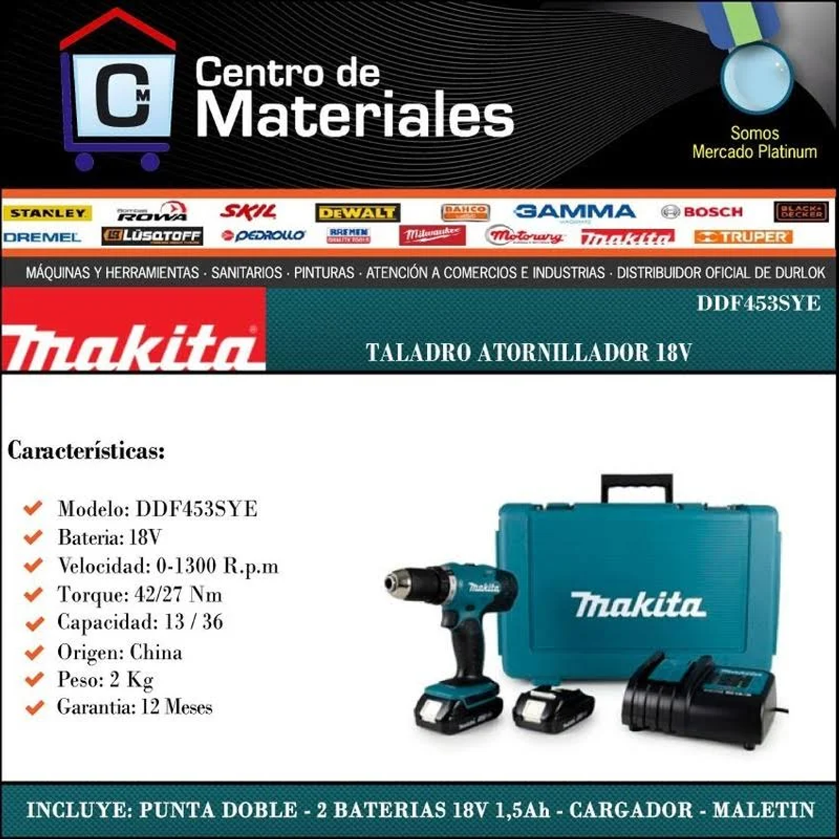 Pubblicità del set trapano Makita. Trapano, batteria, caricatore e custodia su sfondo bianco.