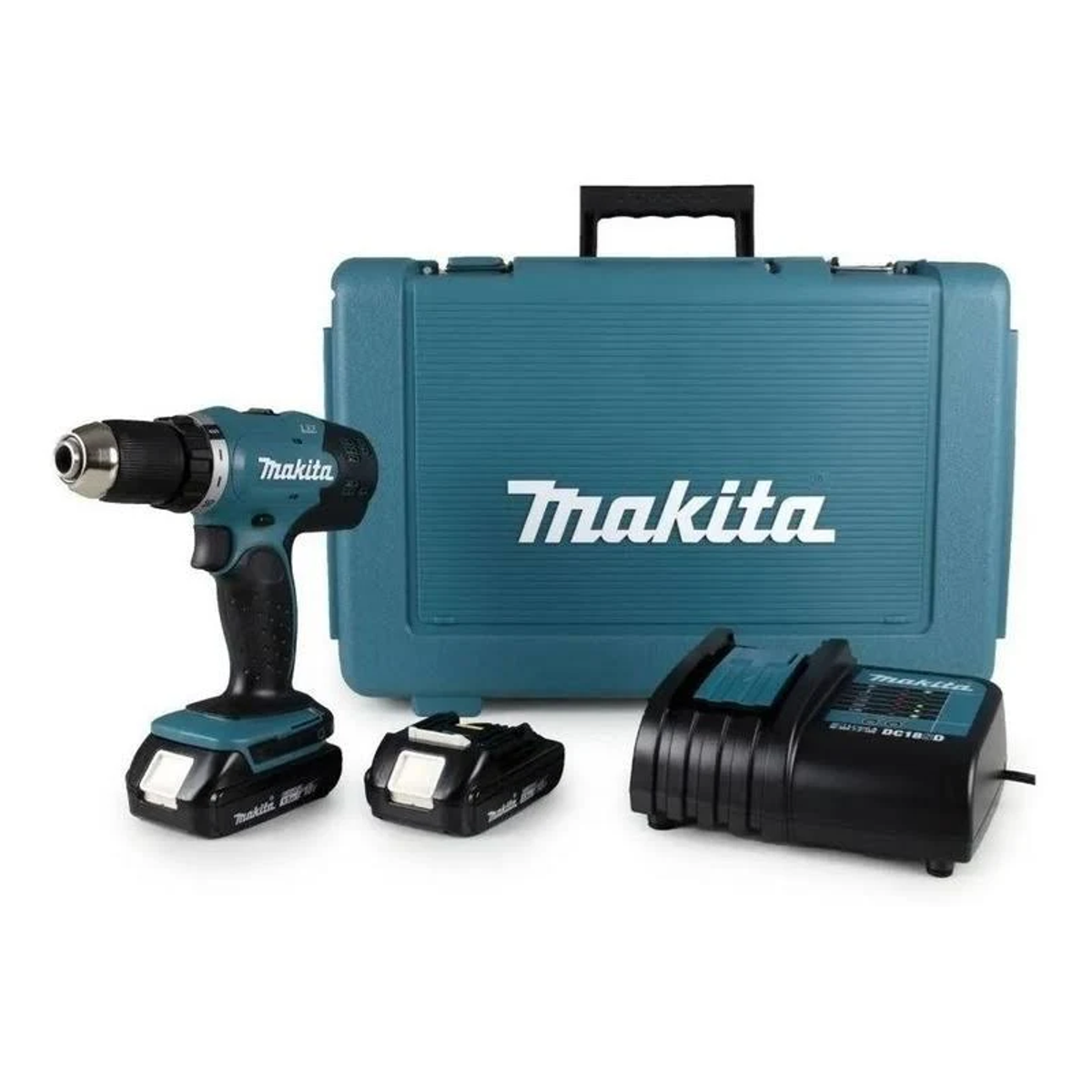 Un trapano con batteria e caricabatterie, il tutto in una custodia verde acqua. Il marchio 'Makita' è visibile.