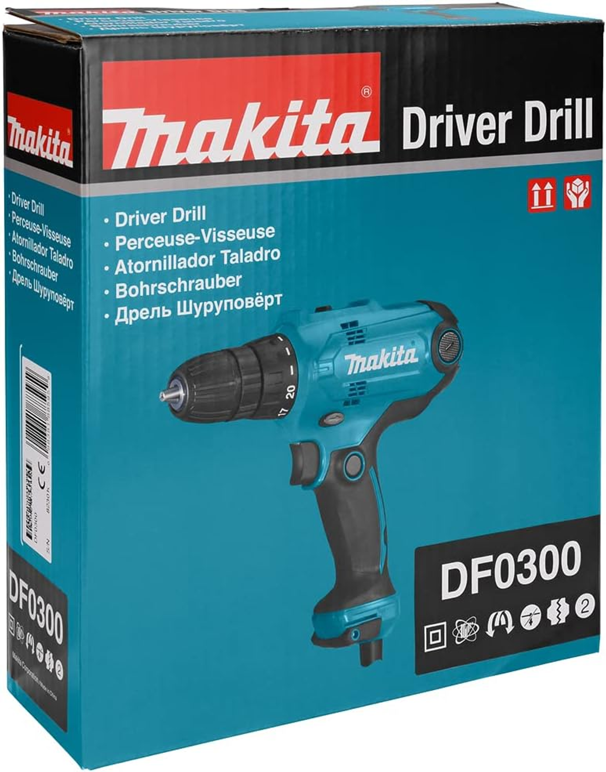 Niebiesko-czarne pudełko wiertarko-wkrętarki Makita z etykietami tekstowymi i narzędziem w środku.