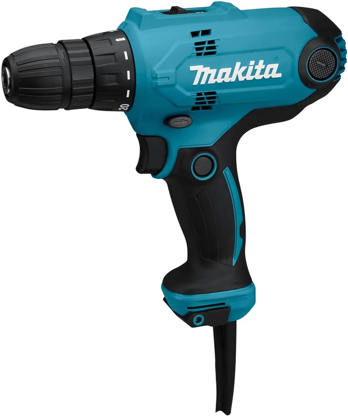 Niebiesko-czarna wiertarka Makita pokazana z góry.