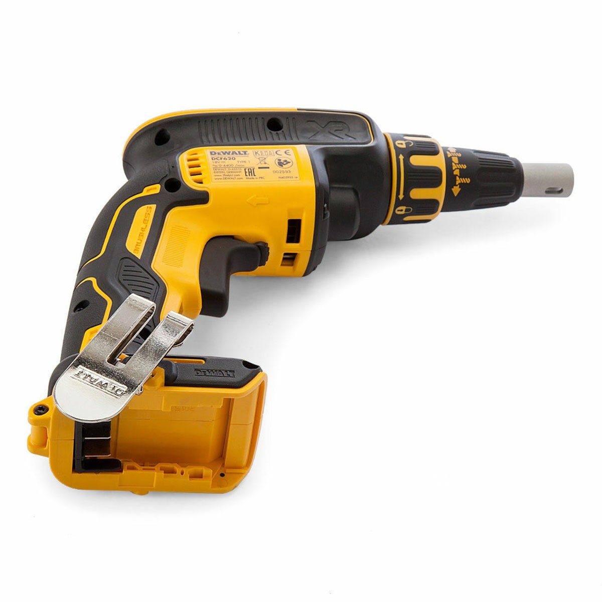 Żółto-czarna wkrętarka akumulatorowa DeWalt z akumulatorem. Widok z góry.