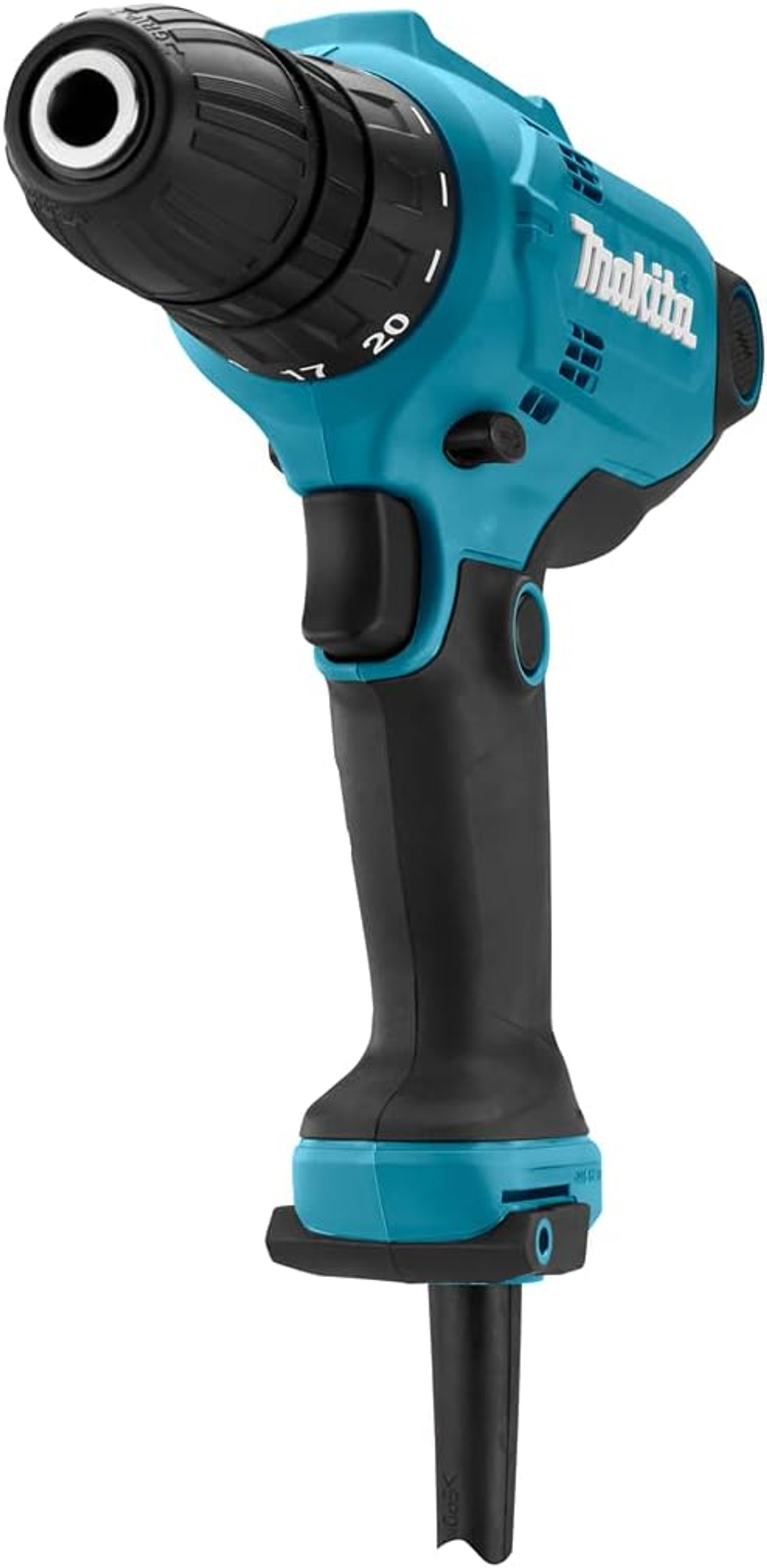 Turkusowa wiertarka Makita skierowana w górę, pokazująca uchwyt wiertarski i uchwyt.