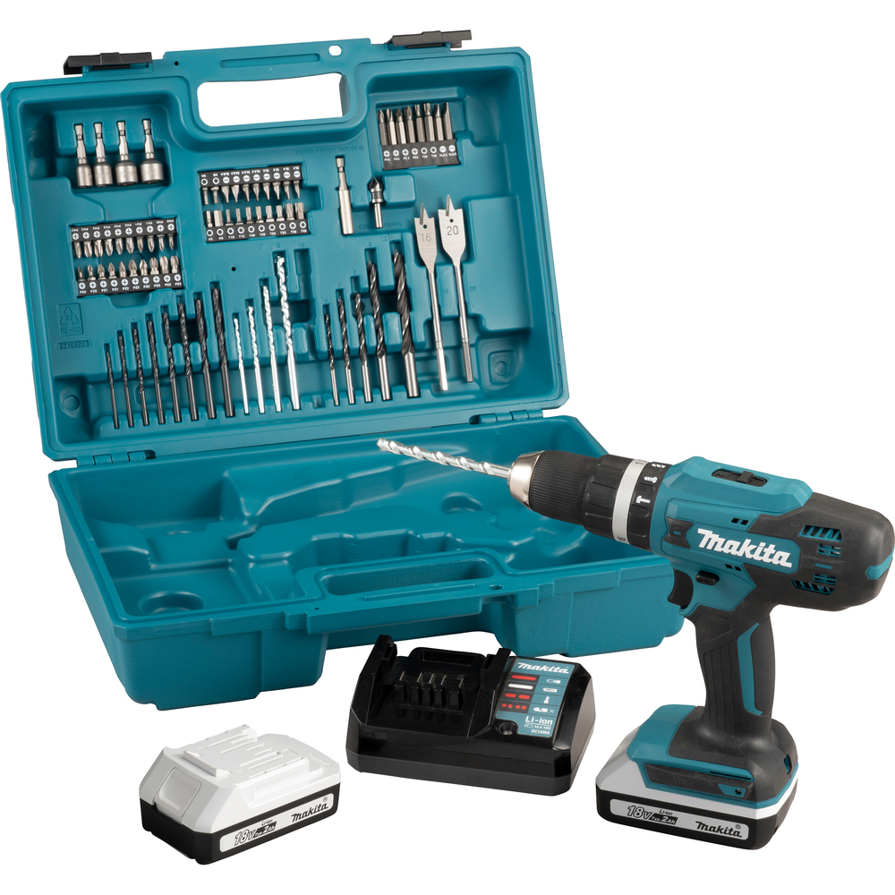 Set trapano Makita in una valigetta verde acqua. Include trapano, batteria, caricabatterie e punte.