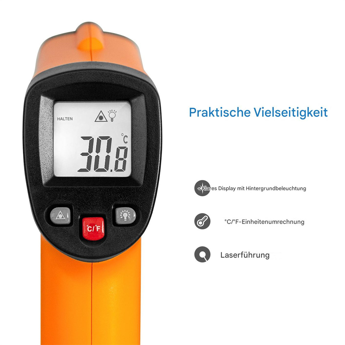 Oranges und schwarzes Thermometer. Anzeige zeigt 30,8. Text: Klares Display mit Hintergrundbeleuchtung, °C/°F Umrechnung.