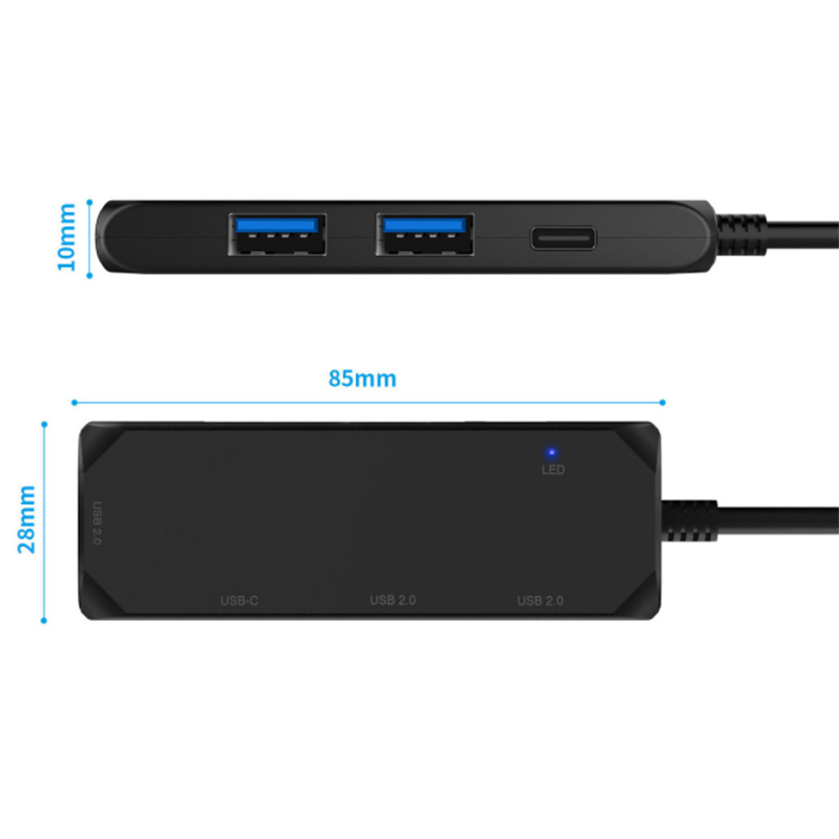 Schwarzer USB-Hub mit drei USB-Anschlüssen und einem USB-C-Anschluss, mit Maßen versehen, auf weißem Hintergrund.