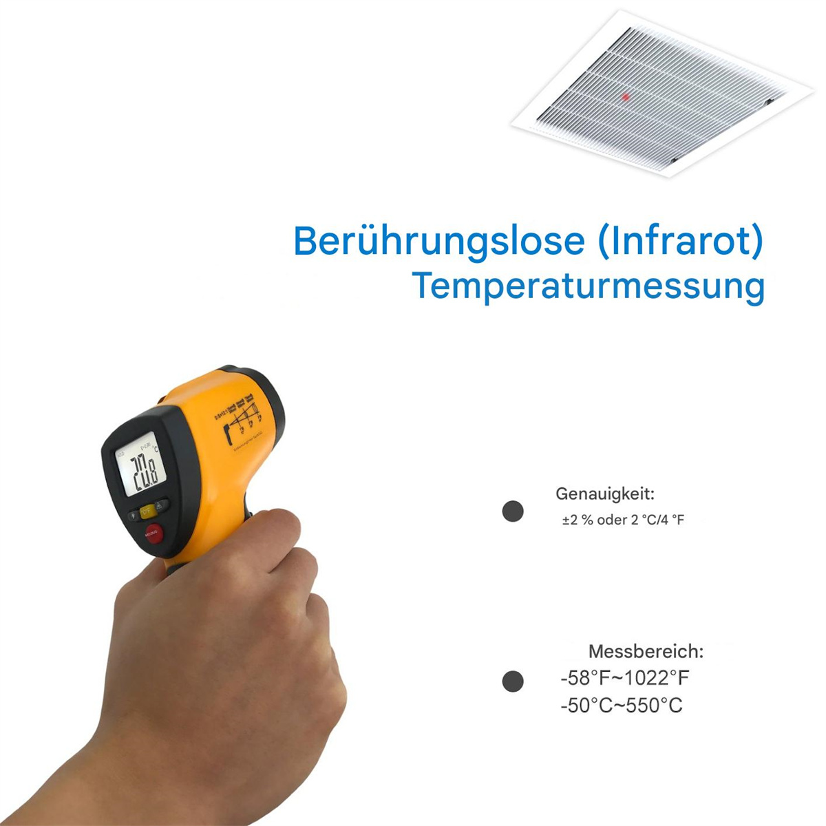 Ein Infrarot-Thermometer in Gebrauch, mit einer Anzeige, die einen Temperaturwert zeigt.