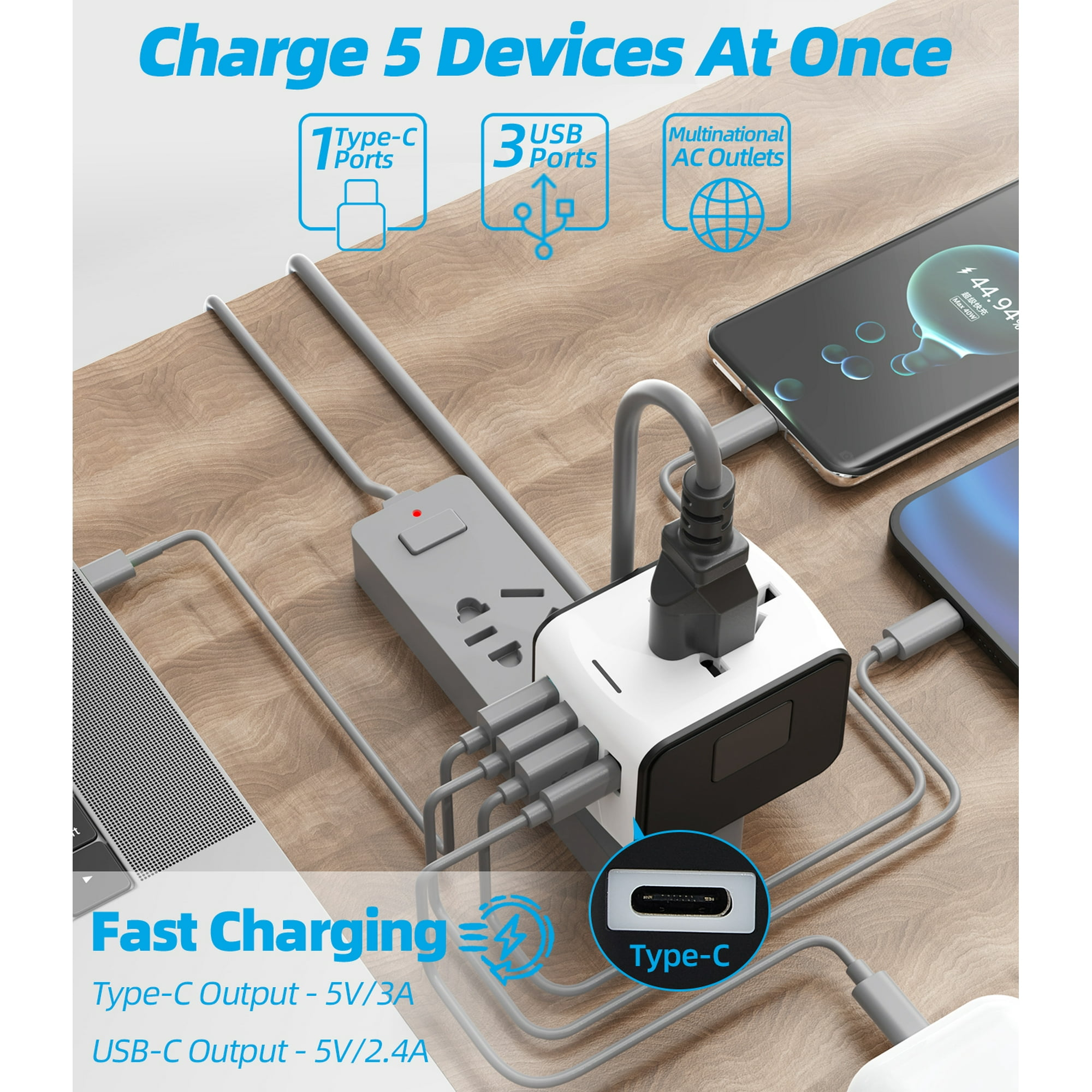 Eine Steckdosenleiste, die mehrere Geräte lädt. Text enthält Details zu Typ-C- und USB-Anschlüssen.