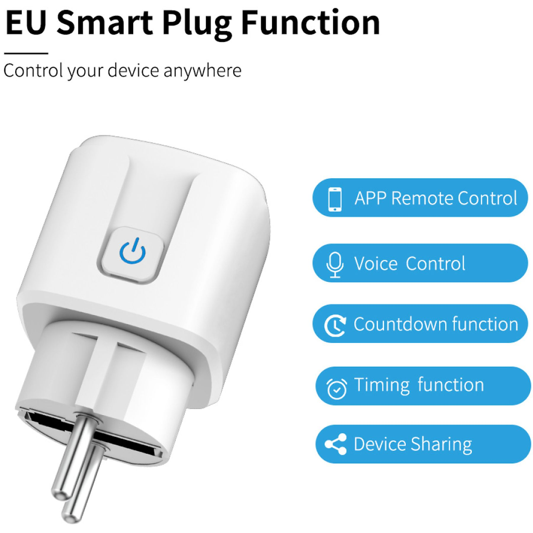 Smart-Stecker mit weißem Gehäuse und Bedientasten. Funktionen werden angezeigt.