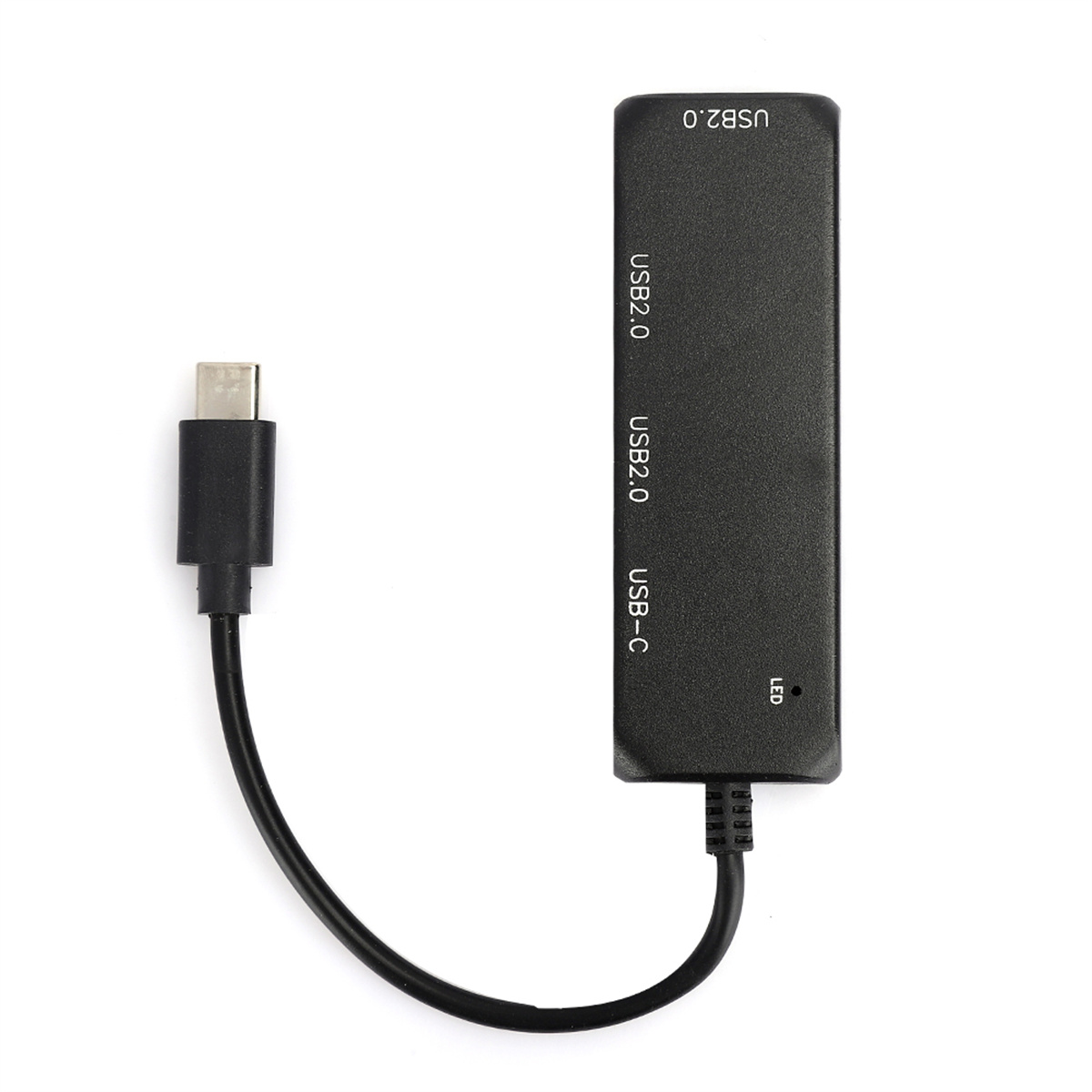 Schwarzer USB 2.0 Hub mit USB-C Eingang und USB 2.0 Ausgängen. LED-Anzeige sichtbar.