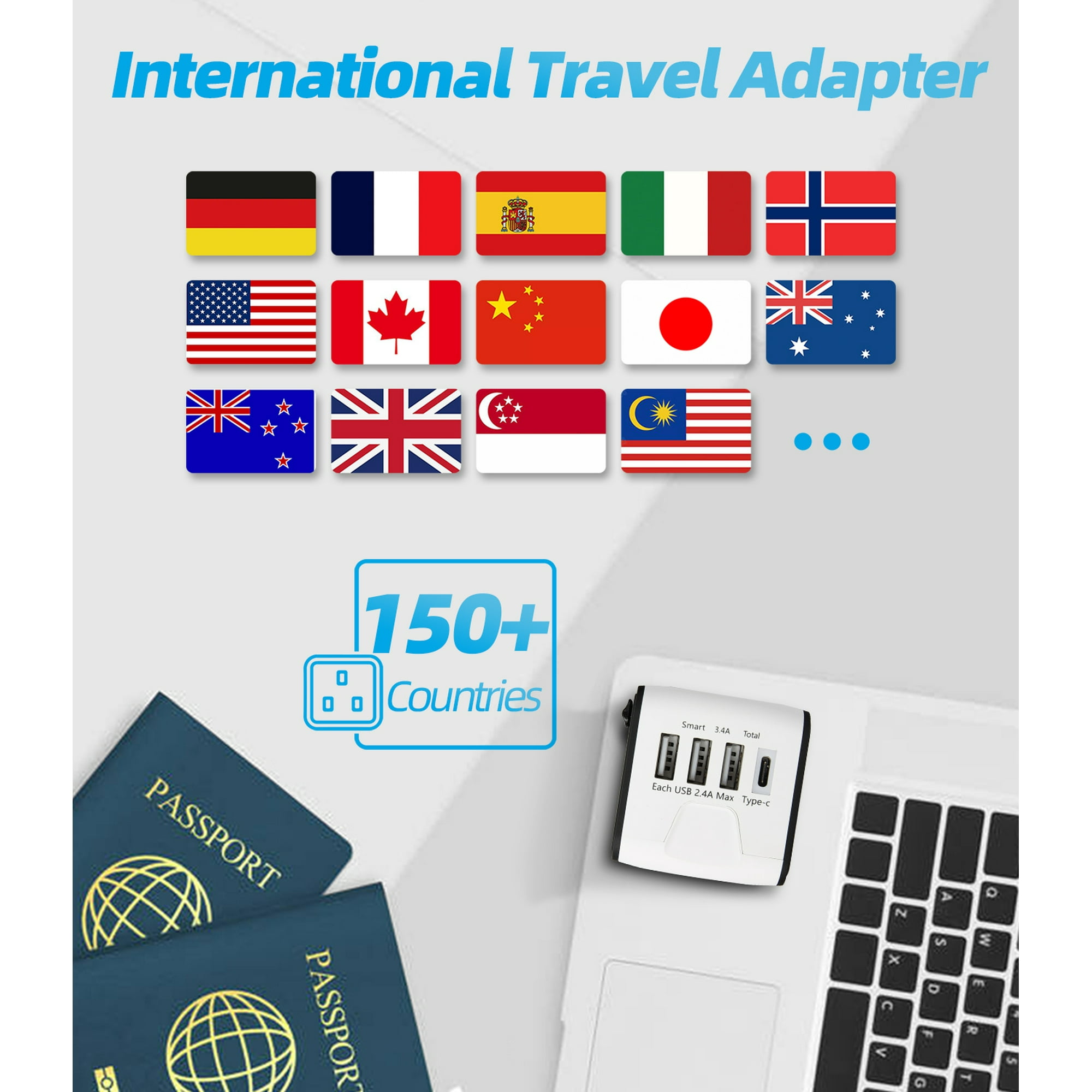 Ein internationaler Reiseadapter mit mehreren Länderflaggen und einem Laptop mit Pässen.