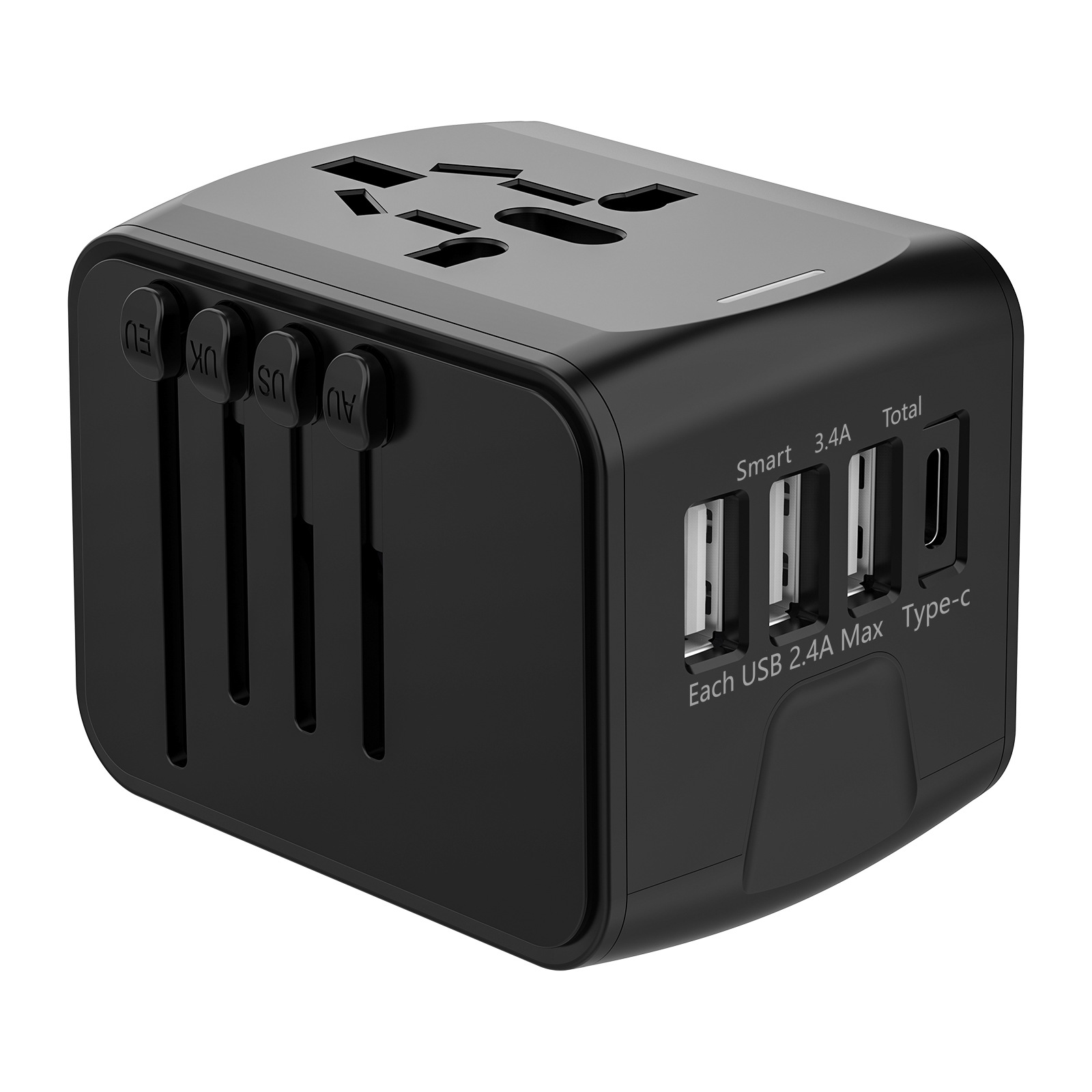Schwarzer Reiseadapter mit mehreren Steckern und USB-Anschlüssen. Er ist auf weißem Hintergrund.