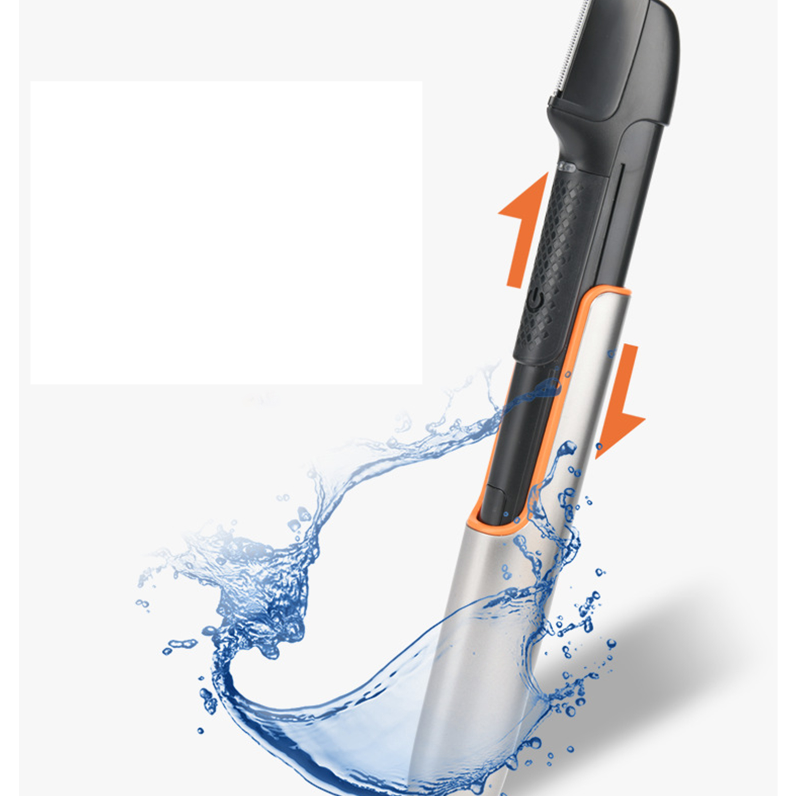 Ein Elektrorasierer mit Wassertropfen und Pfeilen, die seine Funktionalität anzeigen.