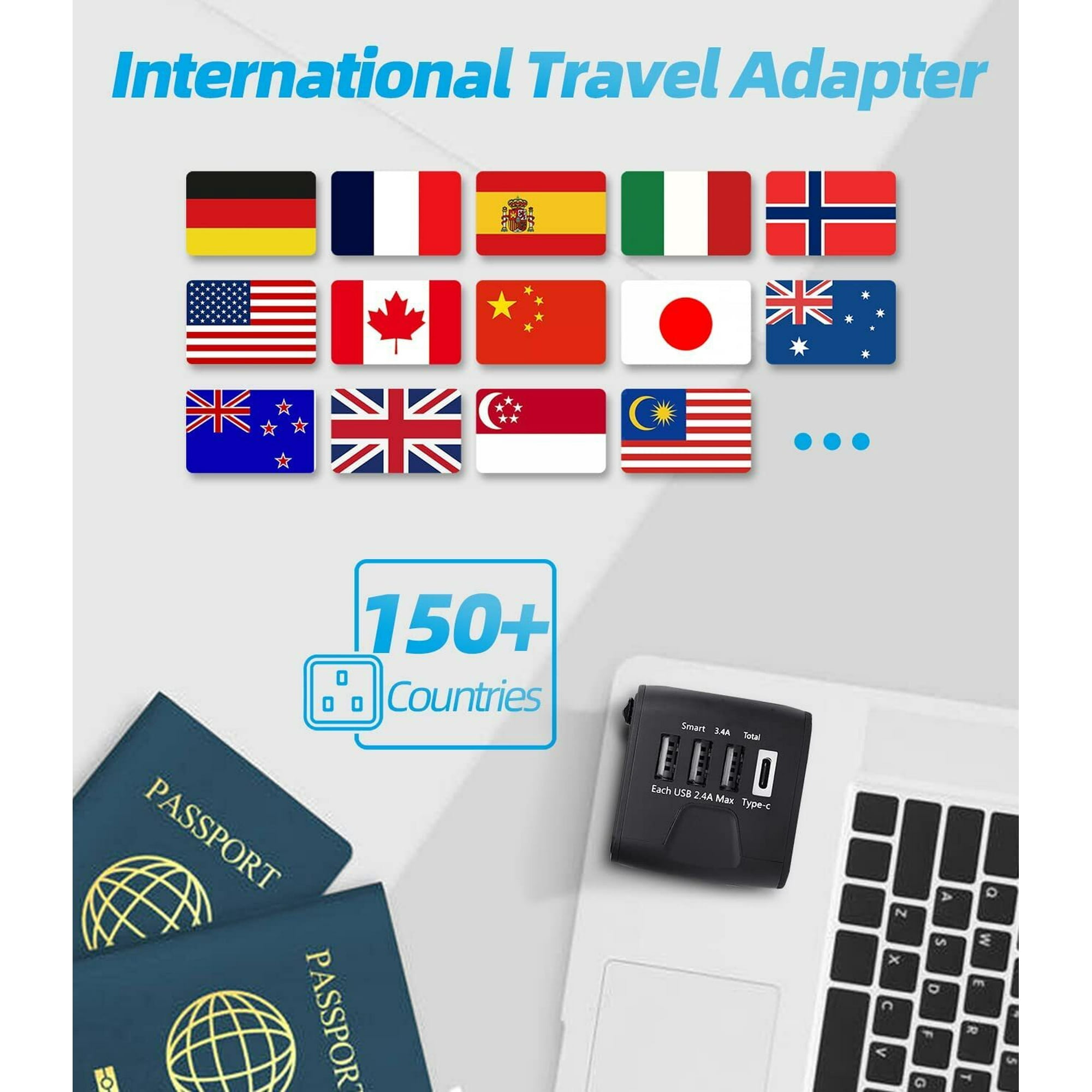 Reiseadapter mit Länderflaggen. Enthält Laptop und Pässe.