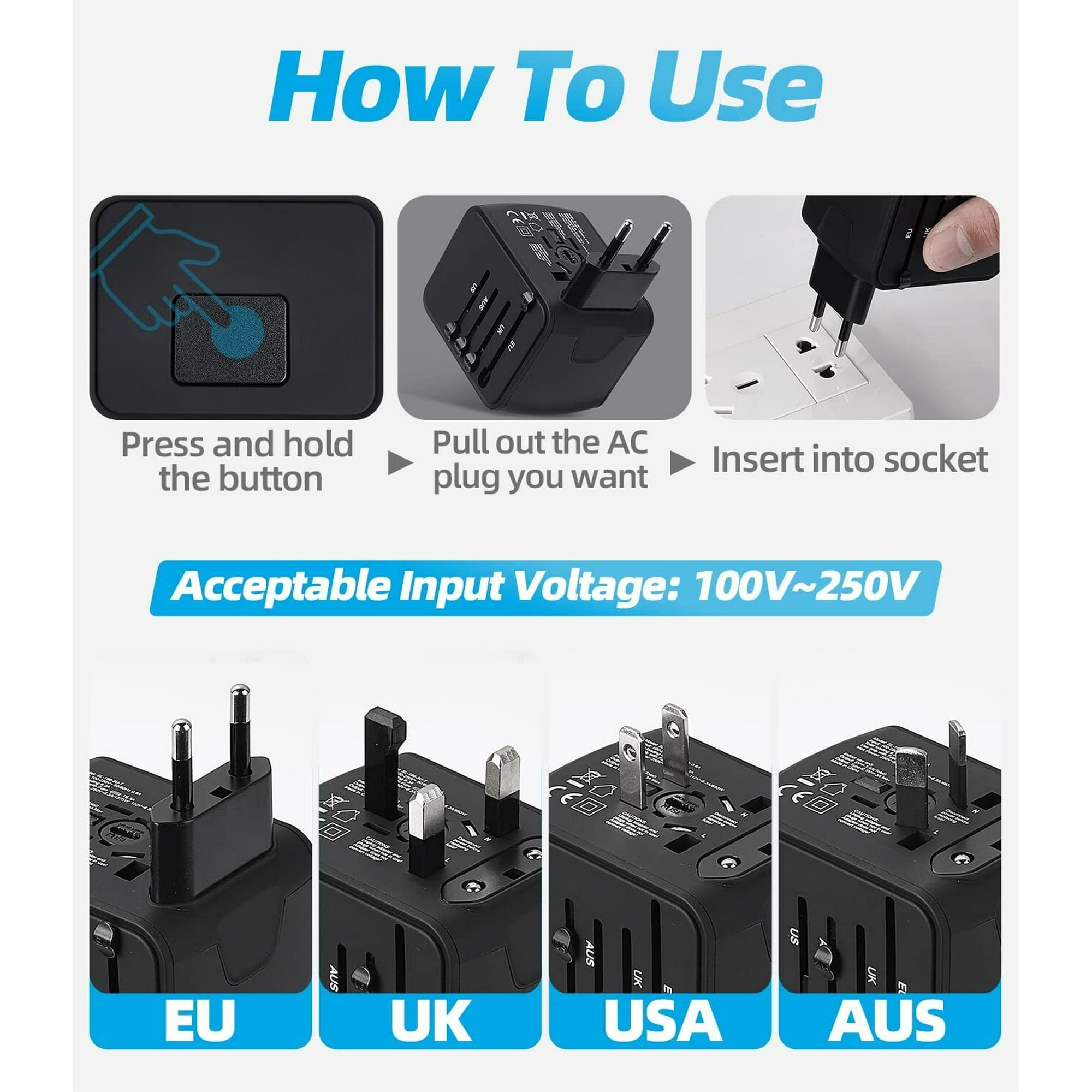 Diagramm zur Verwendung eines Reiseadapters mit verschiedenen Steckertypen: EU, UK, USA, AUS.