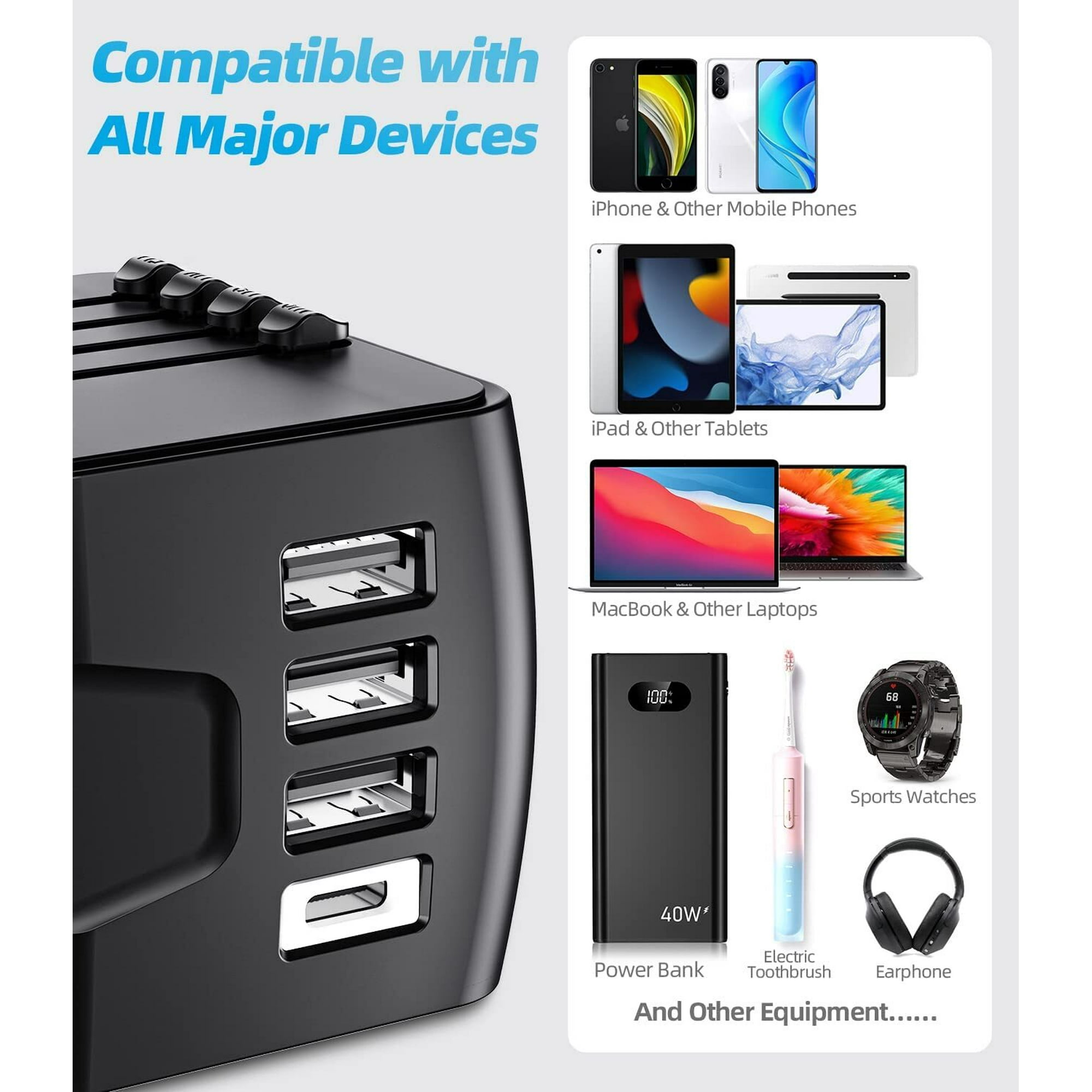 Schwarzes Ladegerät mit USB-Anschlüssen und Geräten. Kompatibel mit Geräten.