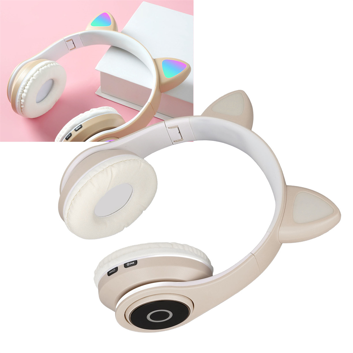 Kabellose Katzenohr-Kopfhörer. Weiß und Beige. Ohrmuscheln haben Lichter. Weißer Hintergrund.
