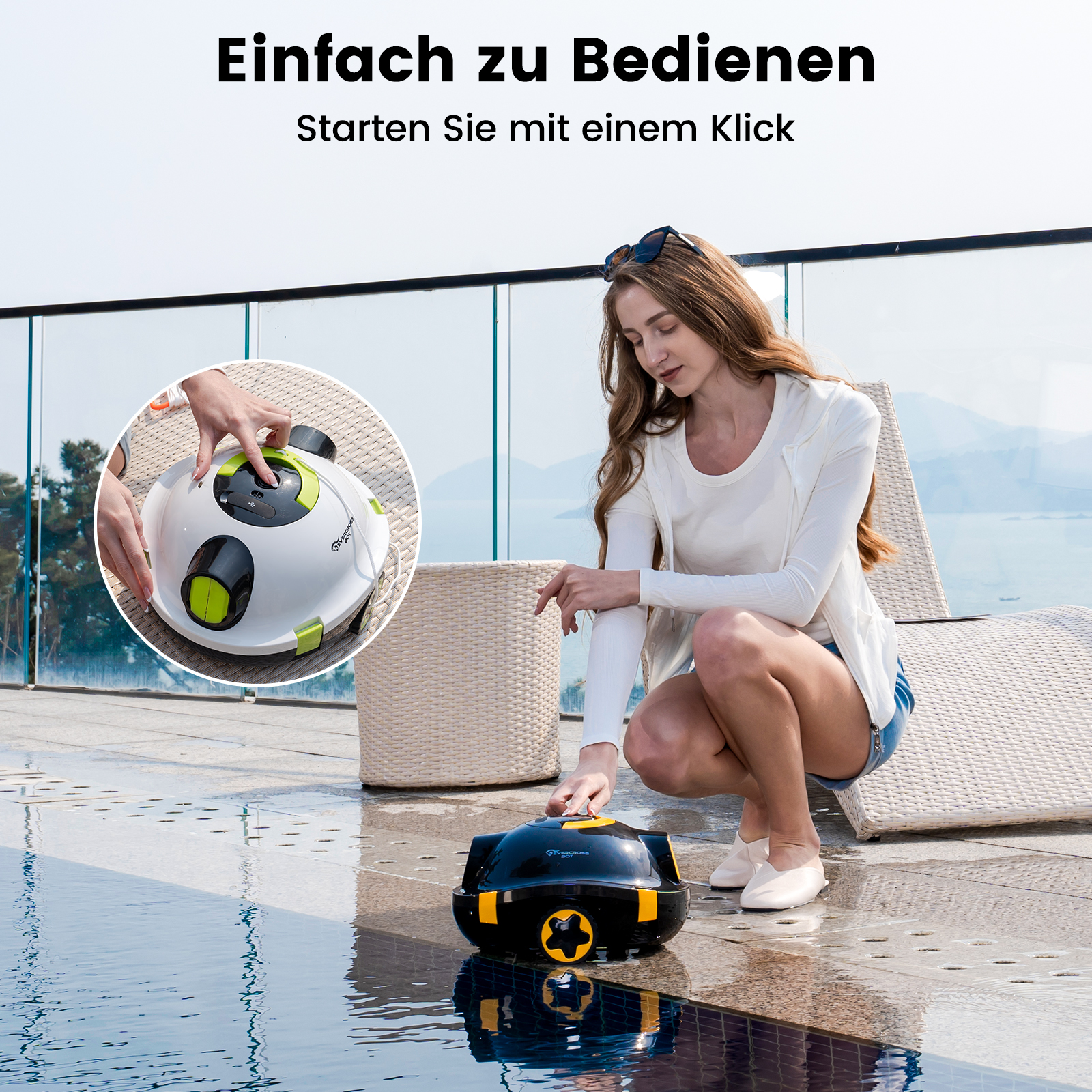 Frau, die einen Poolreinigungsroboter benutzt. Der Roboter ist schwarz-weiß und im Pool.