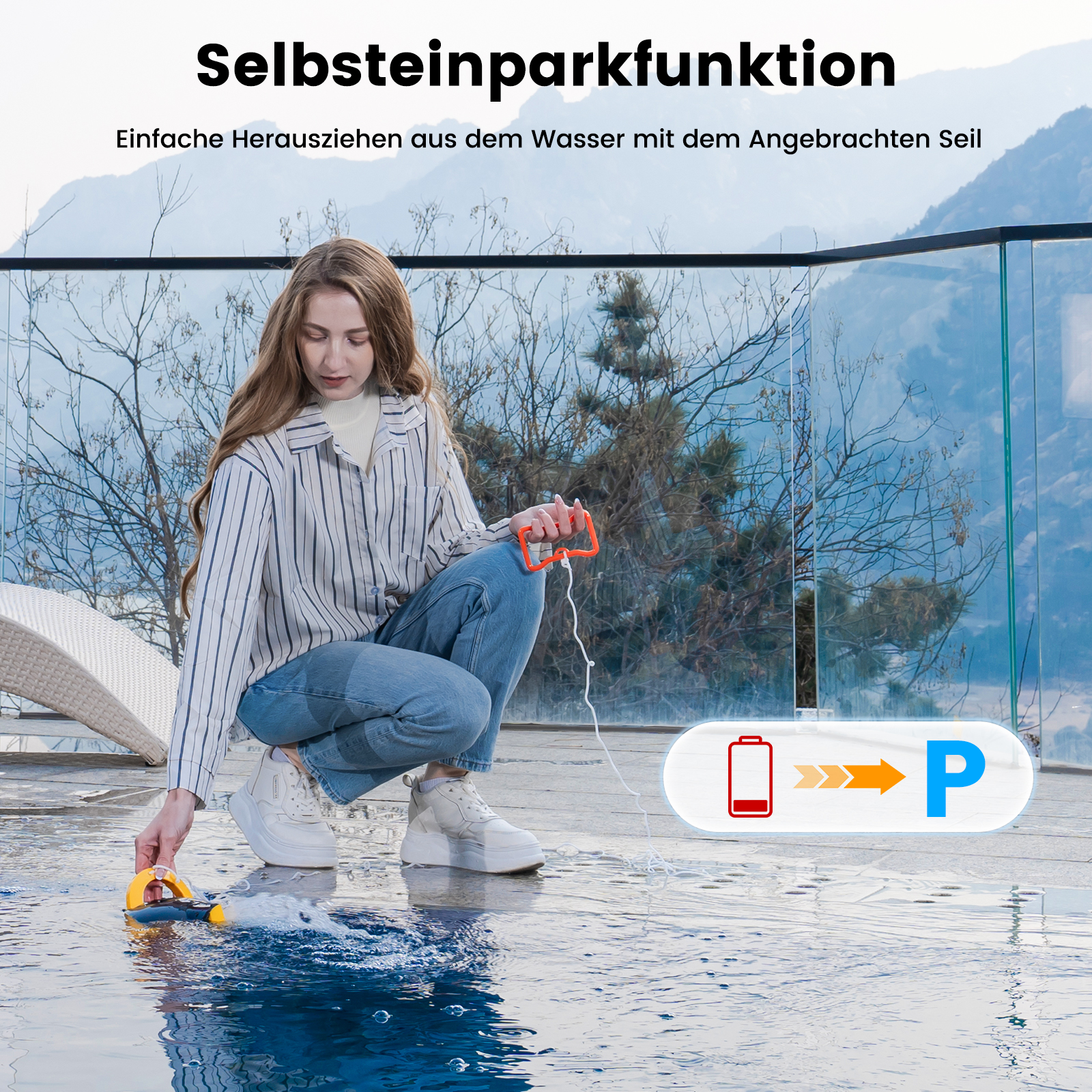 Frau benutzt Poolreinigungsroboter. Blauer Pool, Glaszaun und sonnige Umgebung.