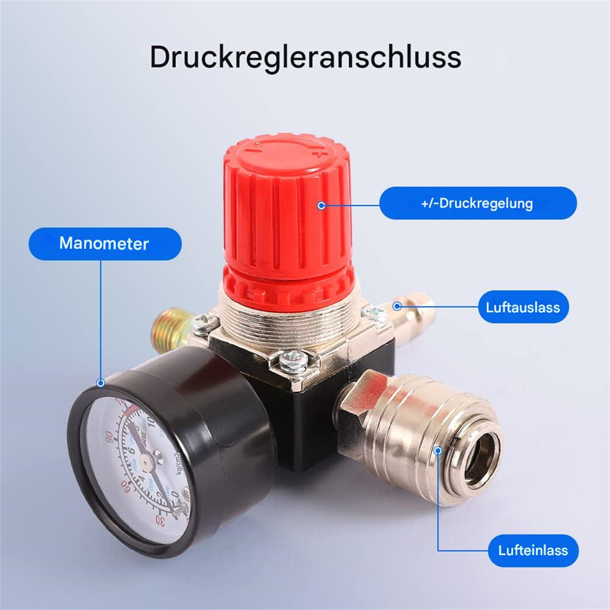 Nahaufnahme eines Druckreglers mit Manometer, rotem Knopf und Lufteinlass/-auslass.