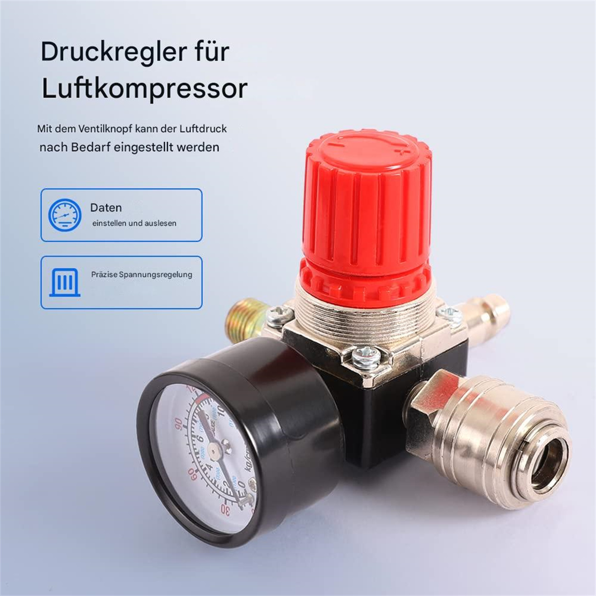 Luftdruckregler mit Manometer und Anschlüssen. Roter Knopf, schwarzes Manometer.