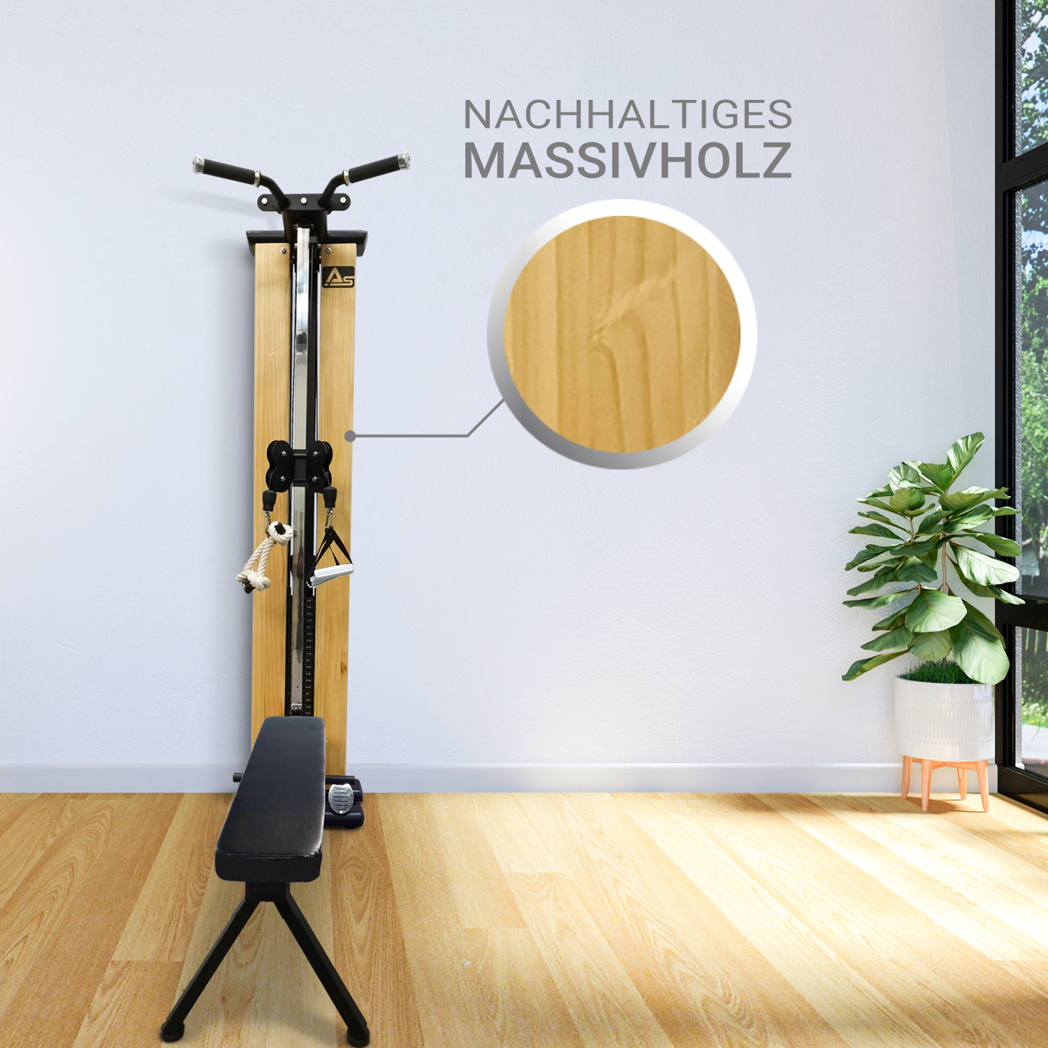 Ein hölzernes Trainingsgerät. Eine Nahaufnahme zeigt die Holzmaserung. Eine Bank und eine Pflanze befinden sich im Vordergrund.
