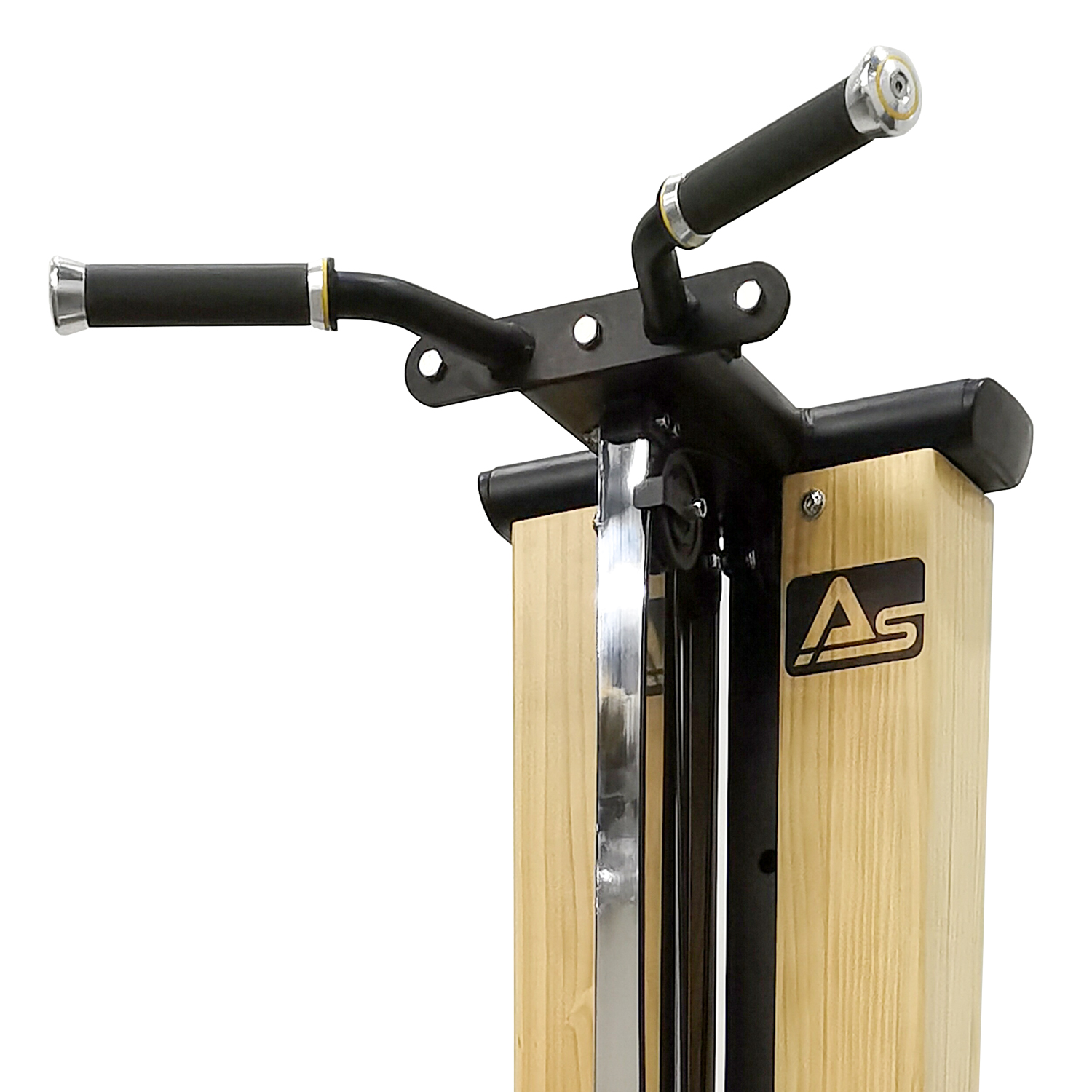 Fitnessgerät mit Holzpfosten, schwarzen Griffen und Metallstützen. AS-Logo an der Seite.