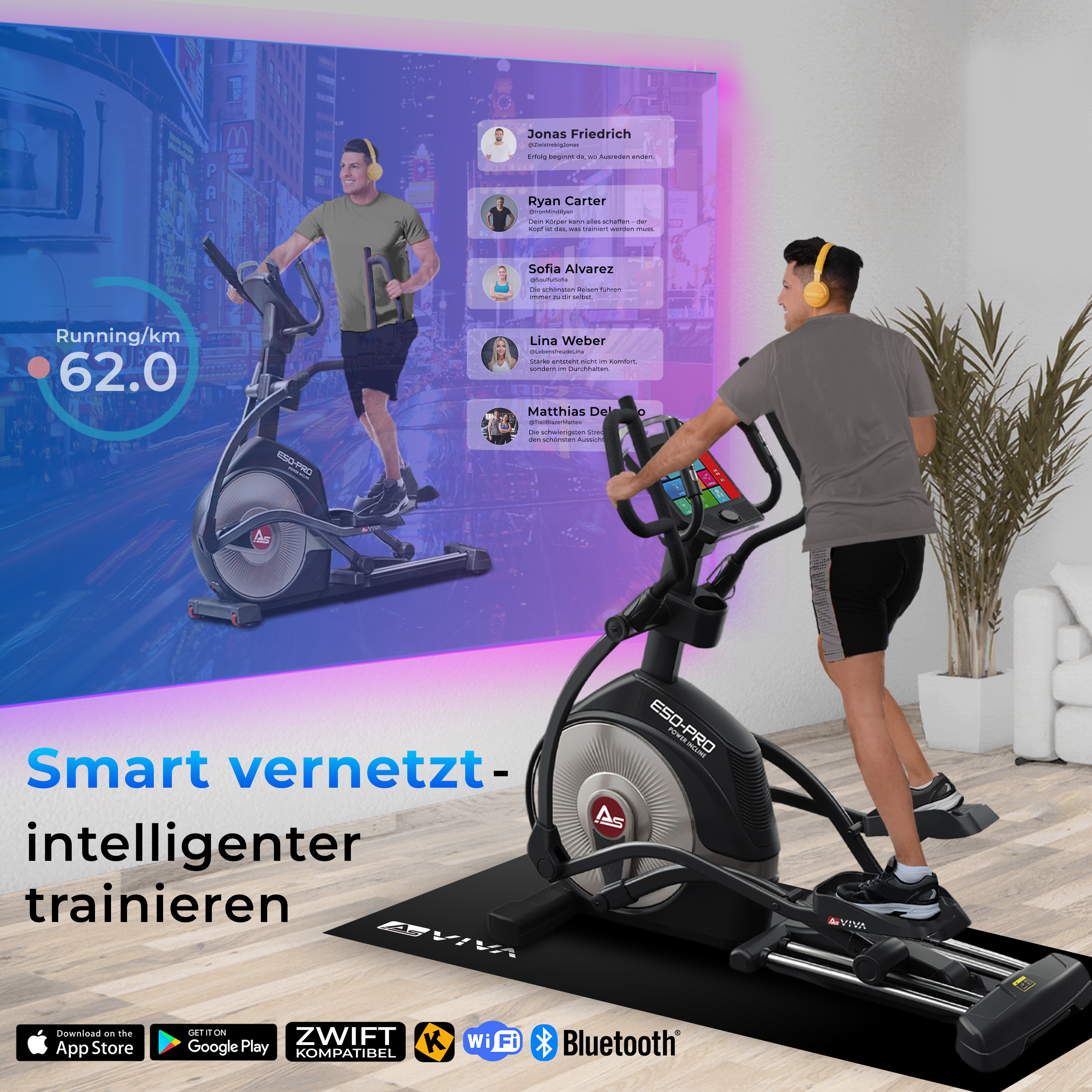 Mann benutzt eine intelligente Ellipsenmaschine, mit einer Benutzeroberfläche, die Statistiken zeigt.