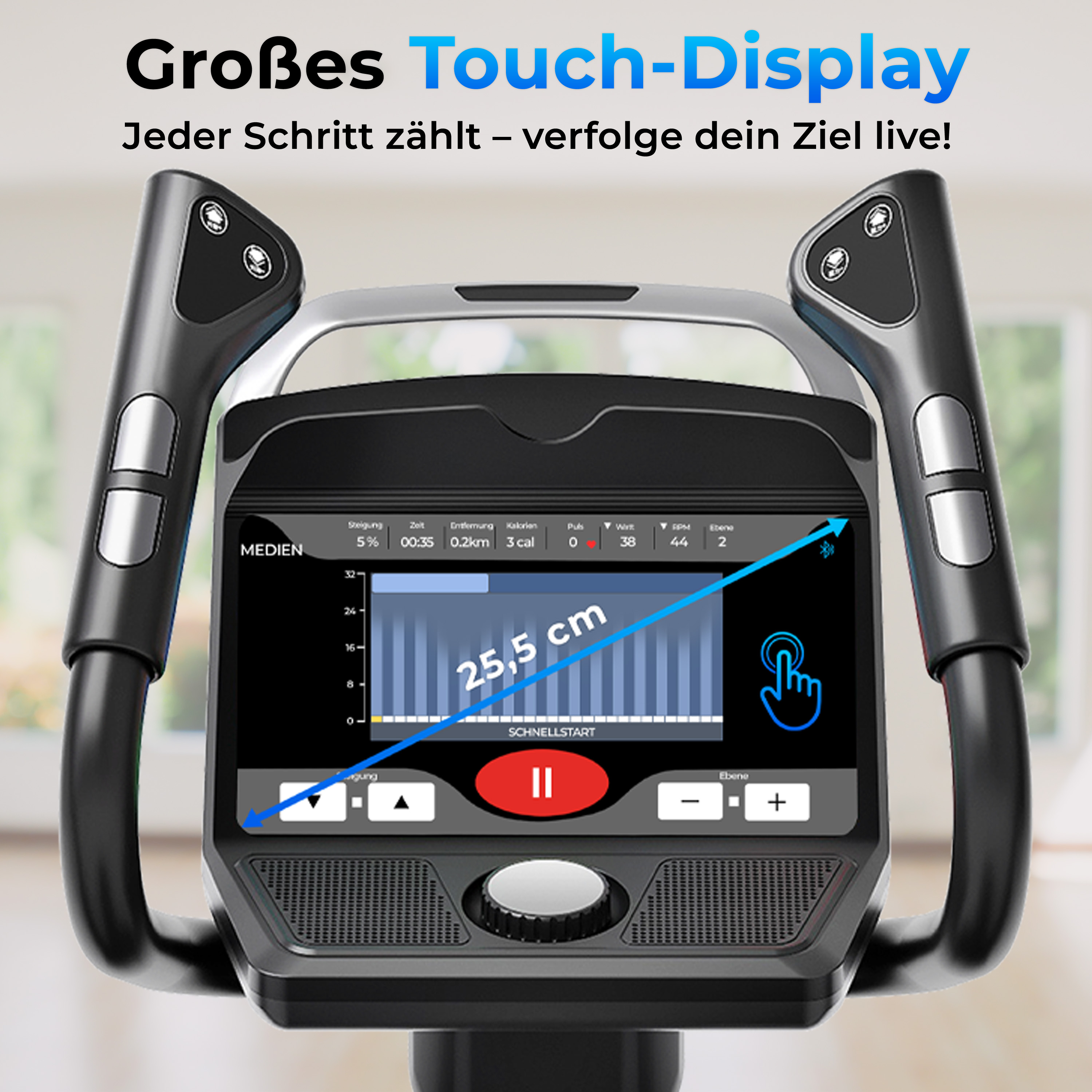 Ergometer-Display mit Touchscreen, verschiedenen Metriken und Touch-Bedienelementen.