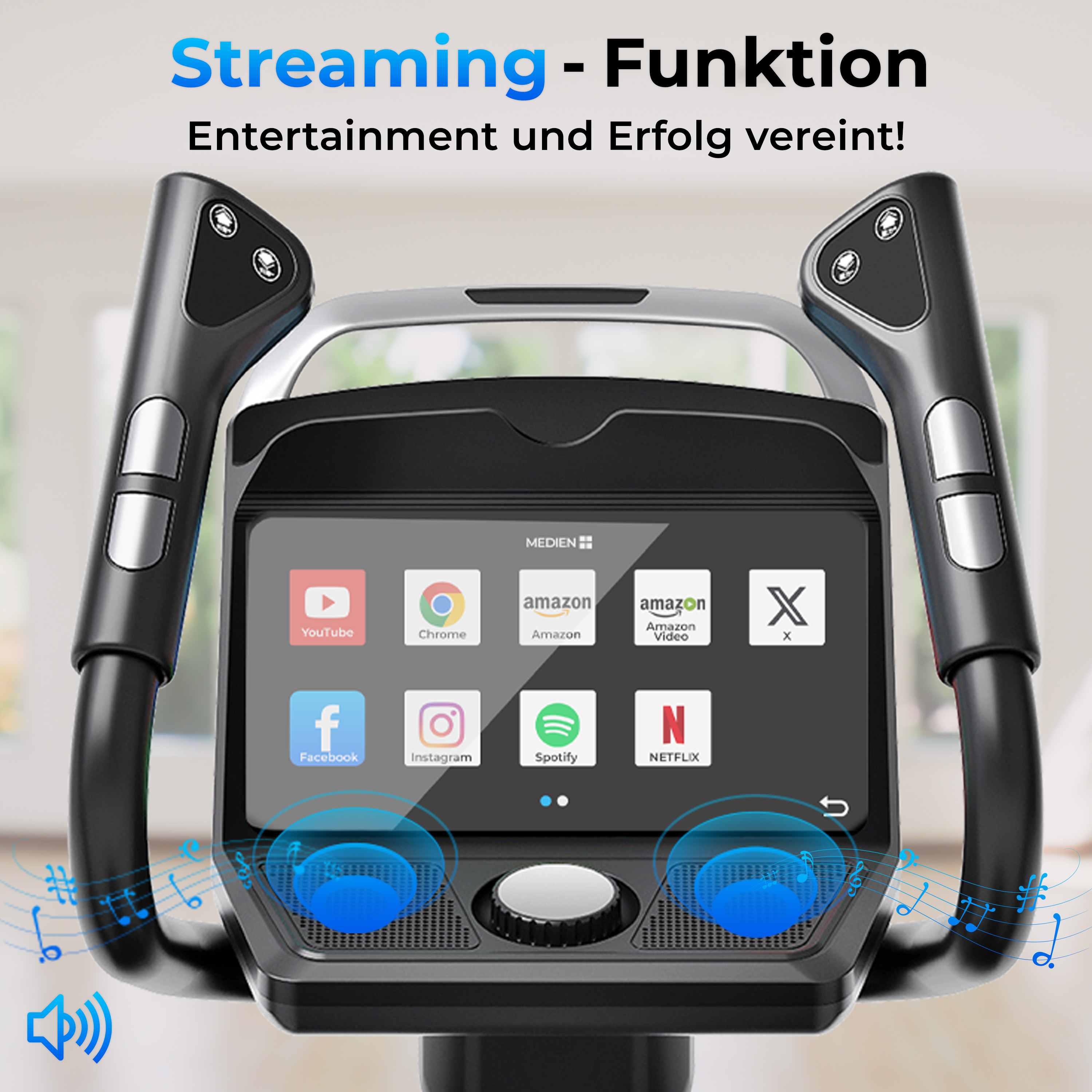 Bildschirm mit Streaming-App-Symbolen. Das Gerät hat Griffe und Musiknoten-Grafiken.