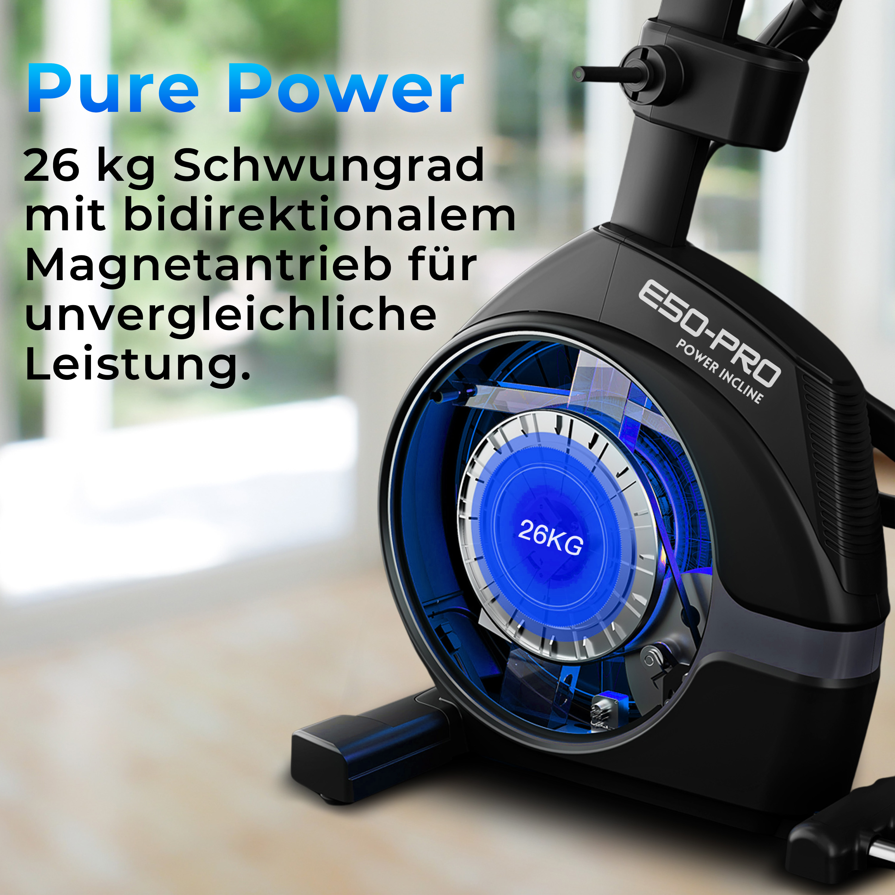 Ellipsentrainer mit Schwungrad und Details. Blau und schwarz mit Text.