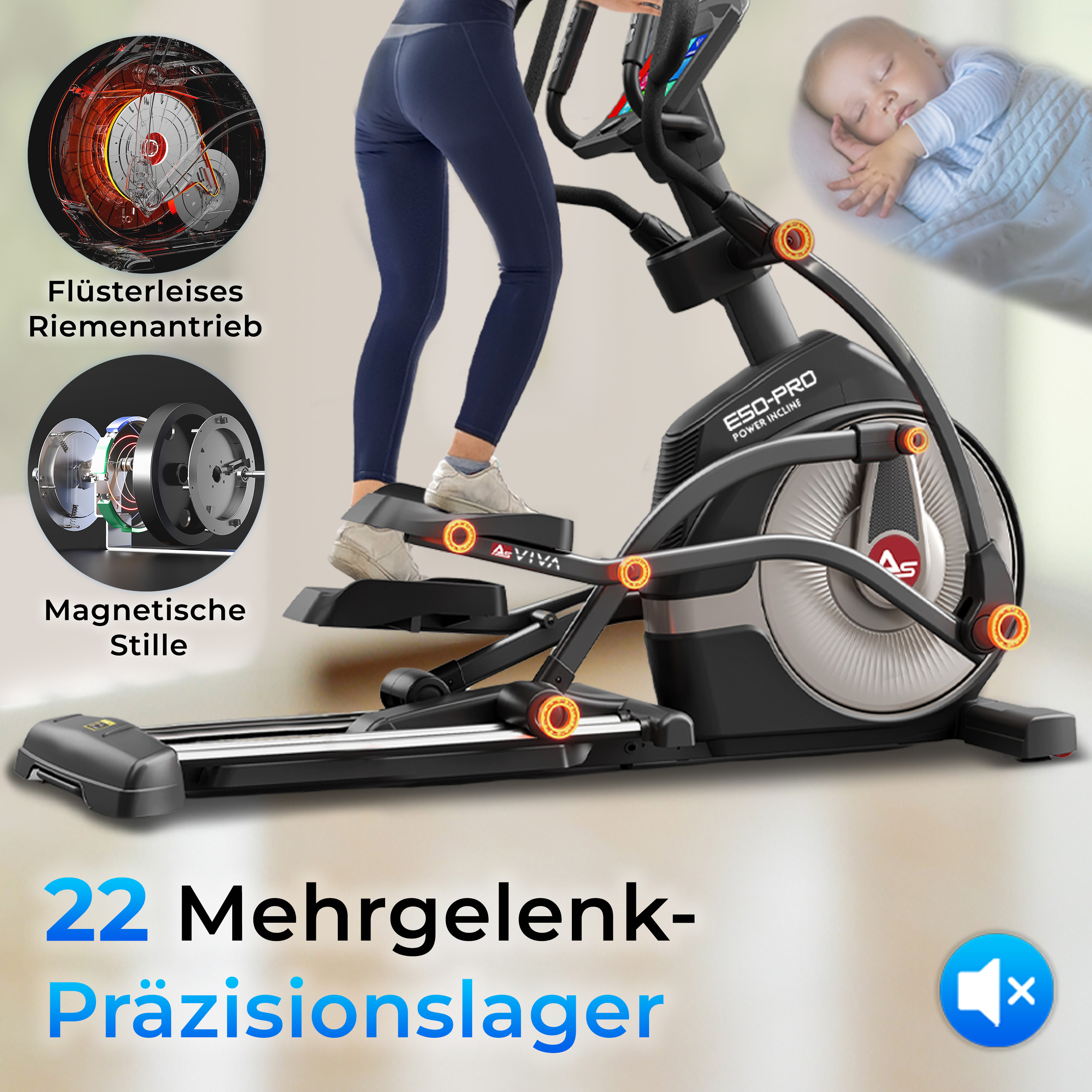Ellipsentrainer in einem Raum. Eine Frau trainiert, im Hintergrund schläft ein Baby.