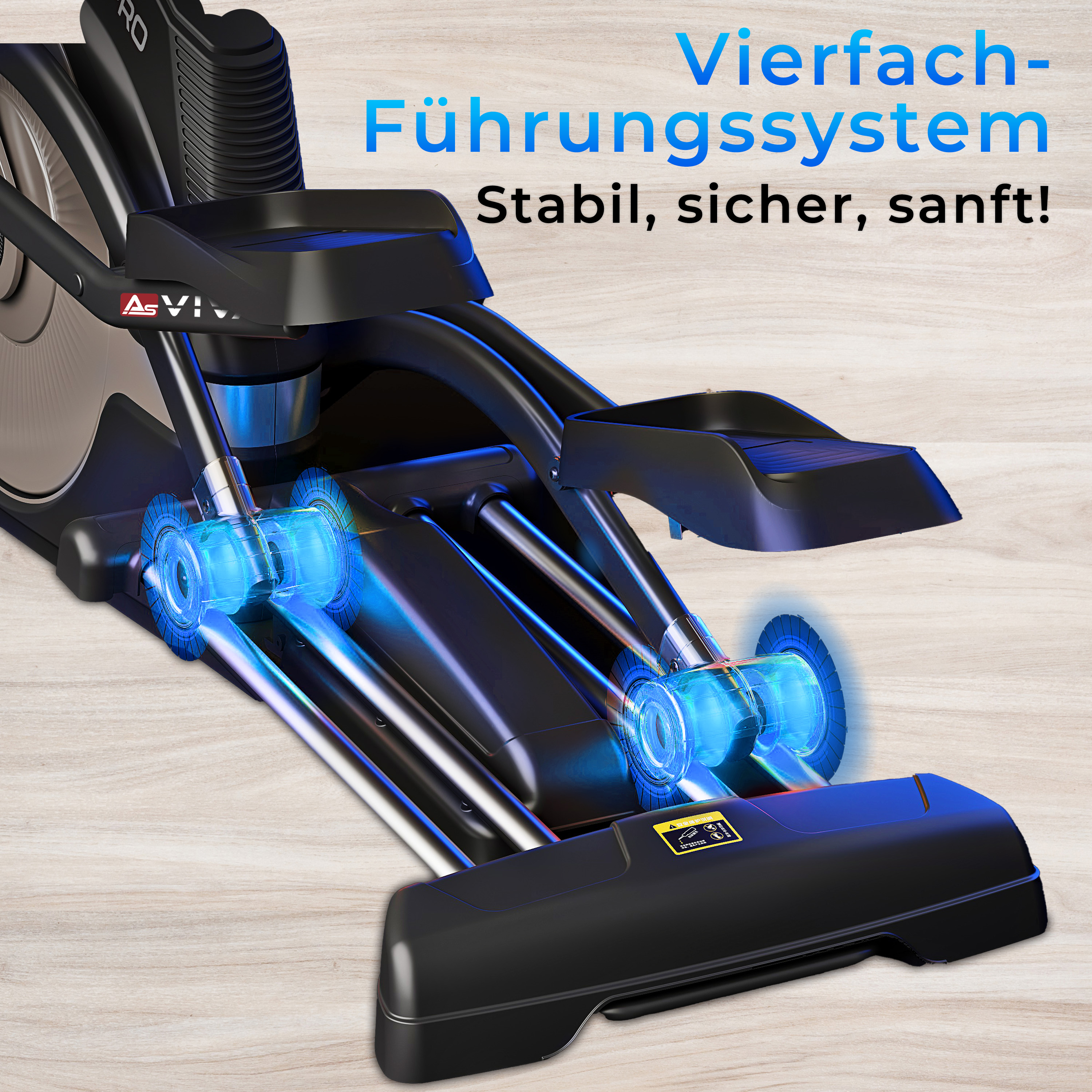 Ellipsentrainer mit blauen Lichtern.  Funktionen und Text werden angezeigt.