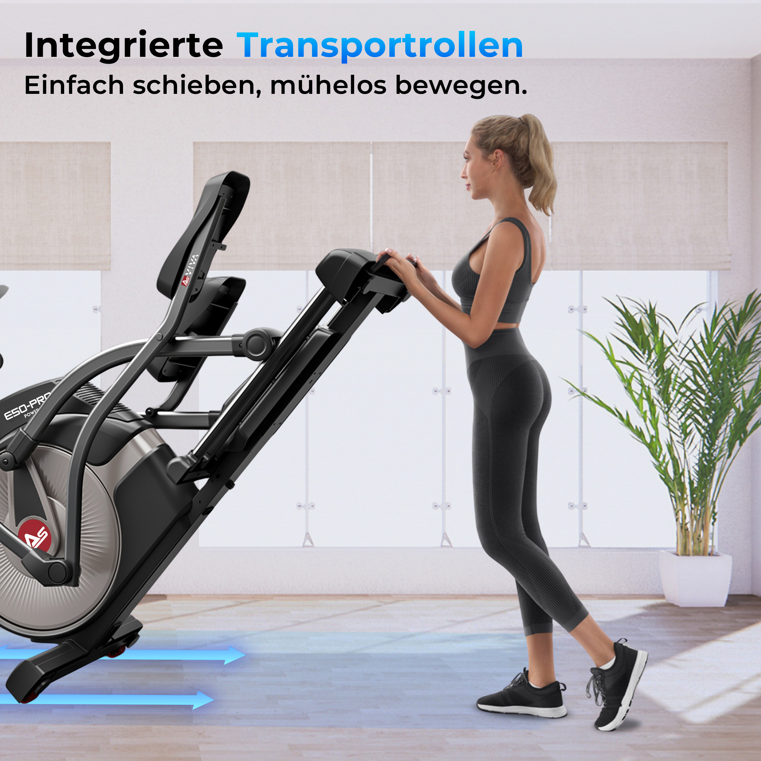 Frau in grauer Trainingskleidung auf einem Crosstrainer. Pfeile zeigen die Bewegungsrichtung. Weißer Hintergrund.