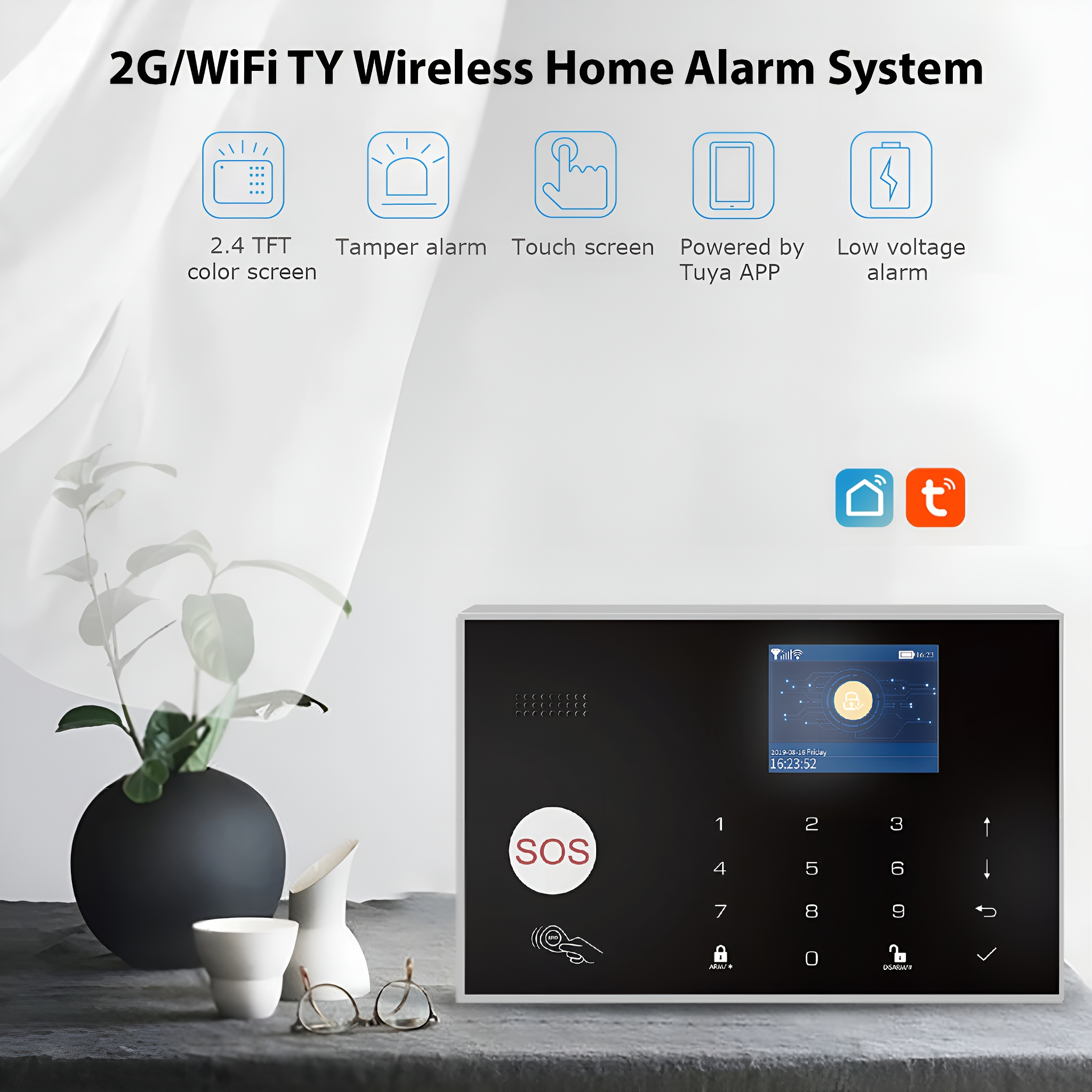 Ein schwarzes Bedienfeld für ein Alarmsystem mit Display. Es zeigt auch Symbole und einen Schlüssel für die Sicherheit.