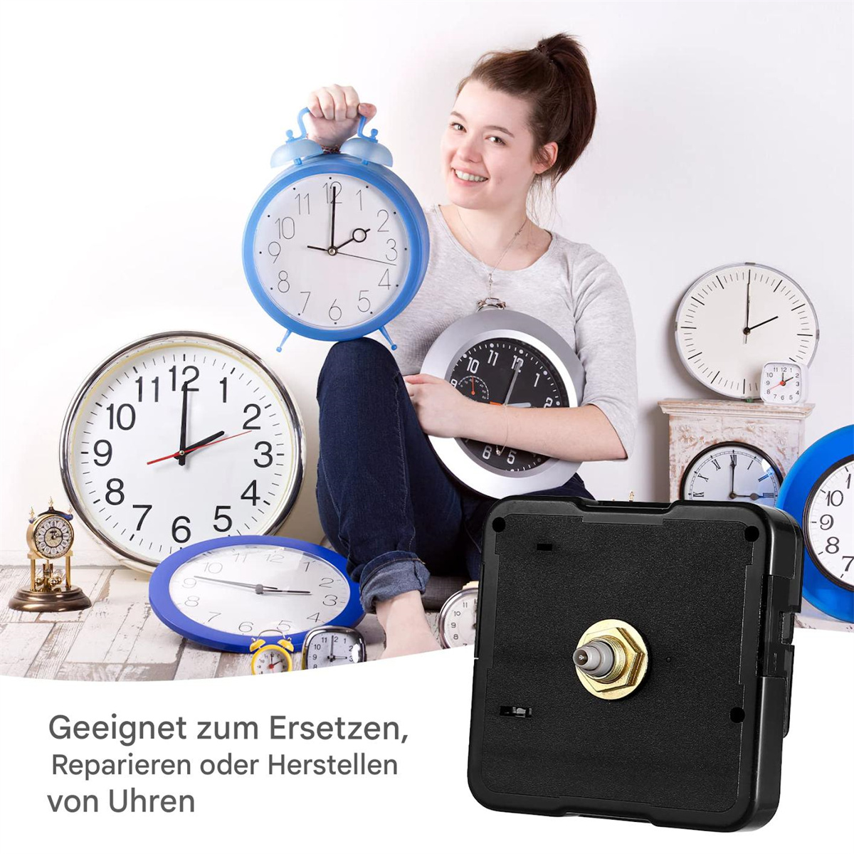 Frau mit Uhren. Verschiedene Uhren auf weißer Oberfläche und ein schwarzes Uhrwerk.