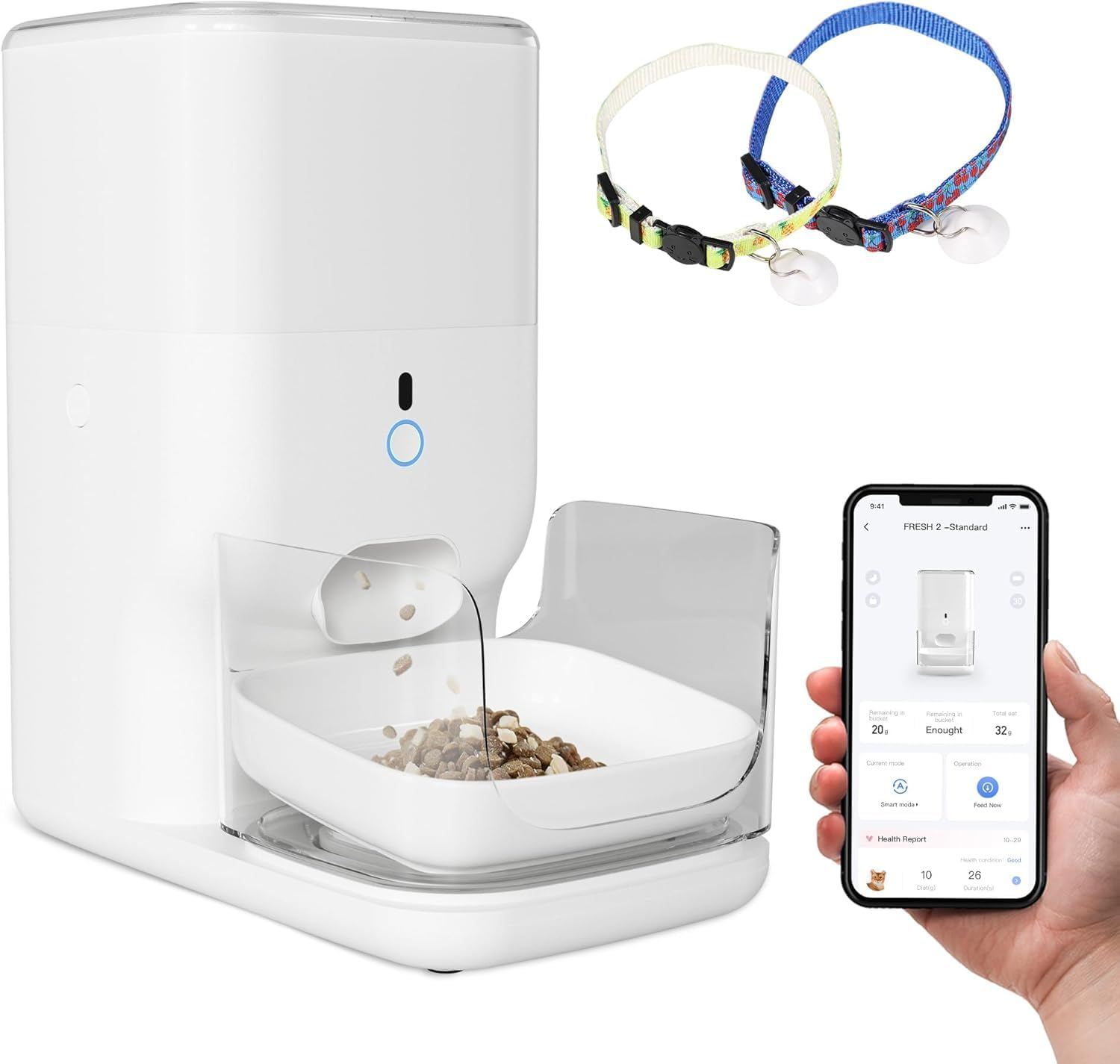 Un comedero automático para mascotas blanco, con dispensación de comida y una aplicación móvil, sobre blanco.