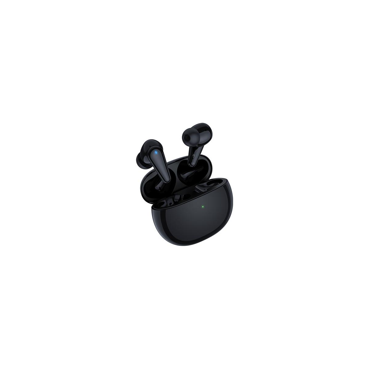 Auricolari wireless neri in una custodia di ricarica, su sfondo bianco.